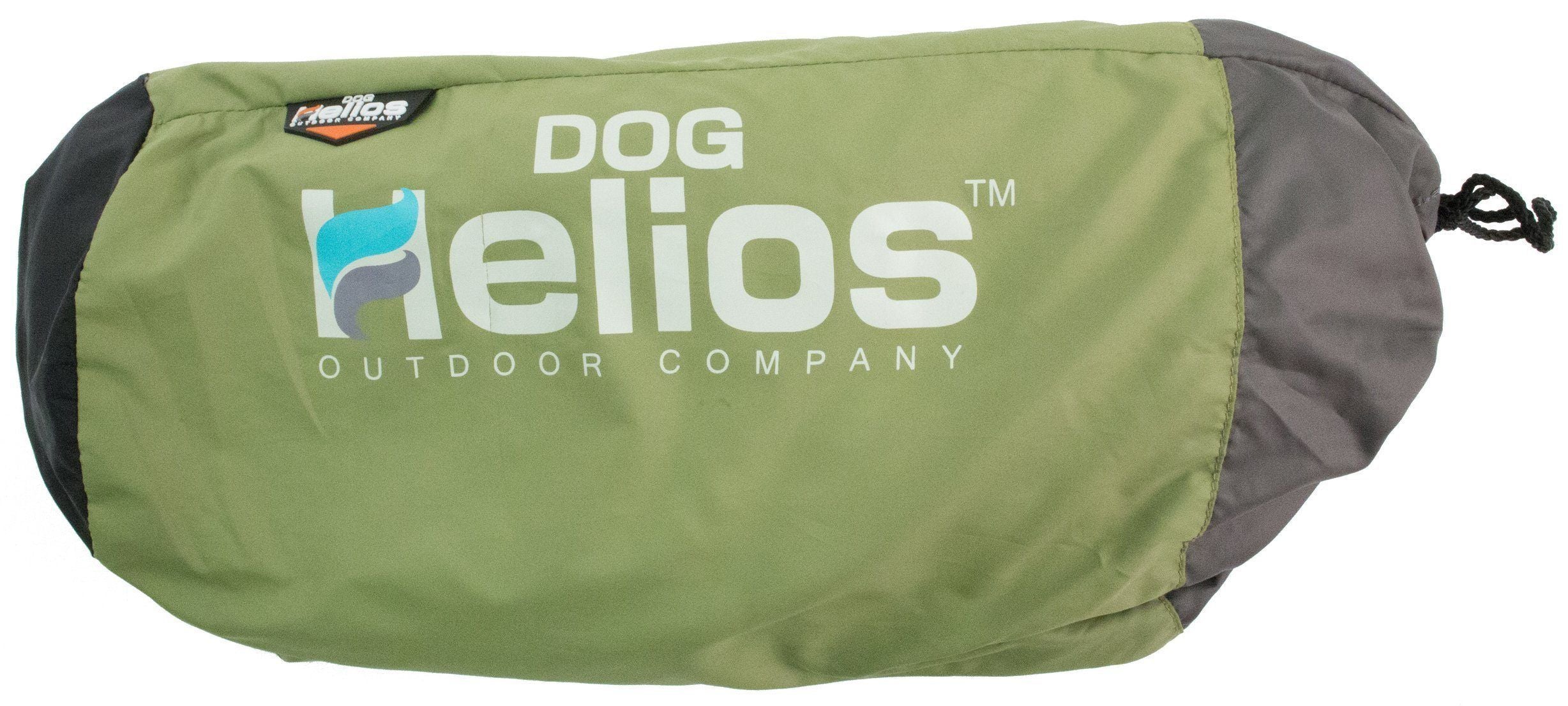 Rolled dog bed cover in green fabric with DOG Helios outdoor company logo