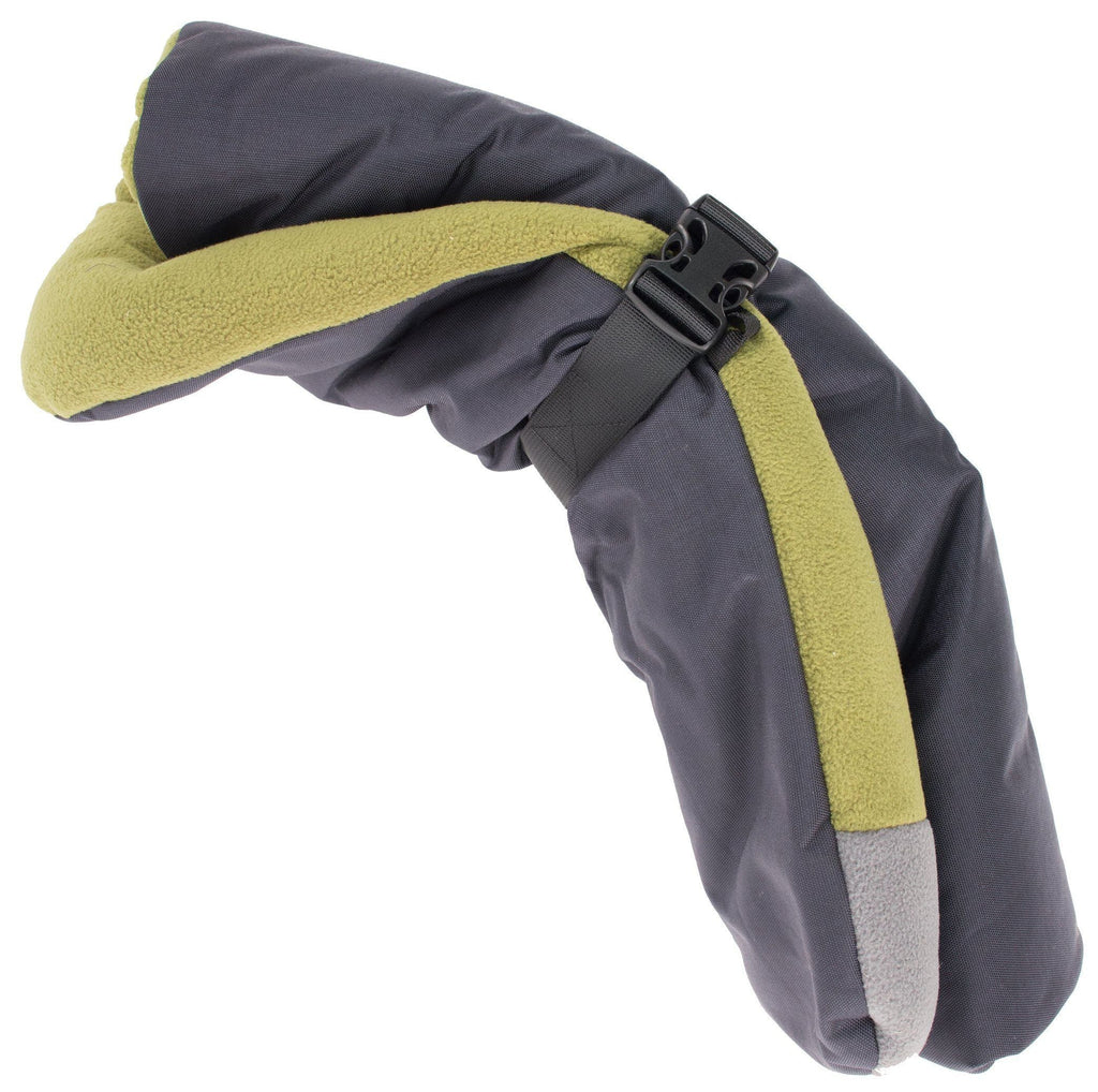 Reversible dog travel bed with gray shell and olive-green fleece, secured with webbing strap
