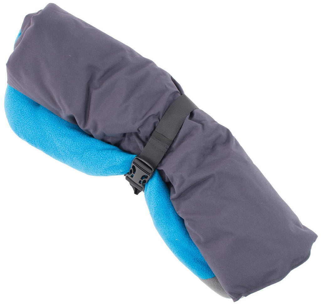 Reversible dog travel bed with gray outer shell and bright blue fleece insert, buckle strap
