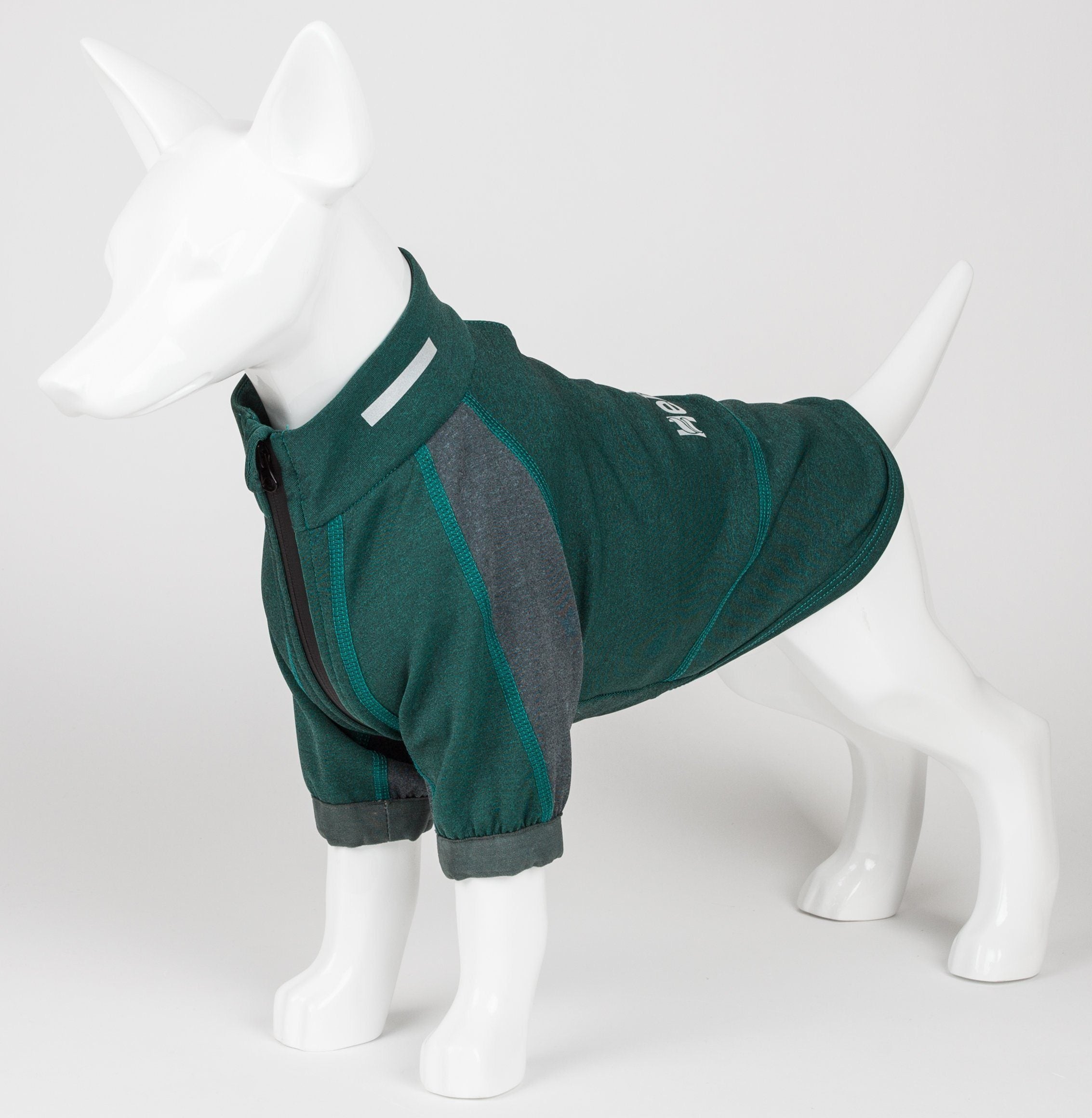 Teal and gray dog T-shirt on mannequin, side view with contrast gray paneling