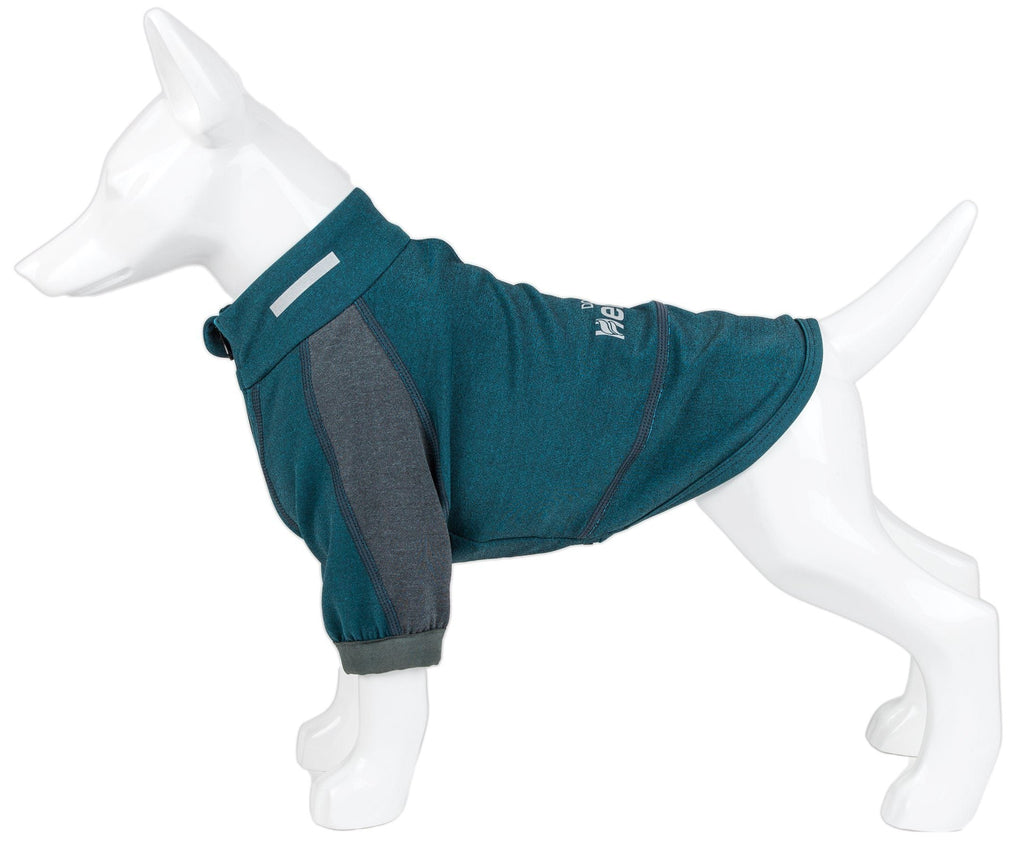 Teal and gray dog T-shirt on mannequin, angled side view with curved hem