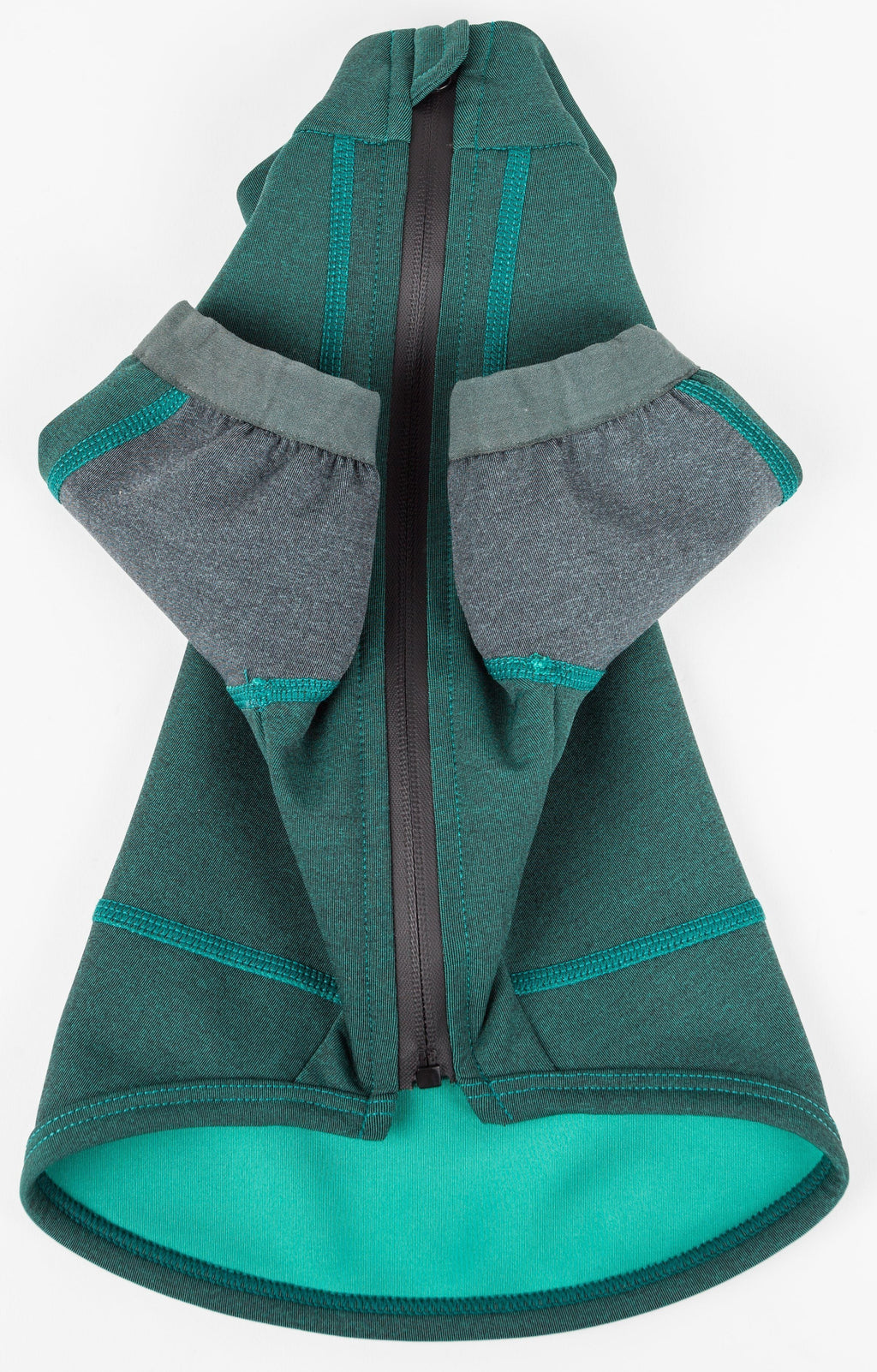 Forest green dog hoodie-style shirt with gray lining and front zipper