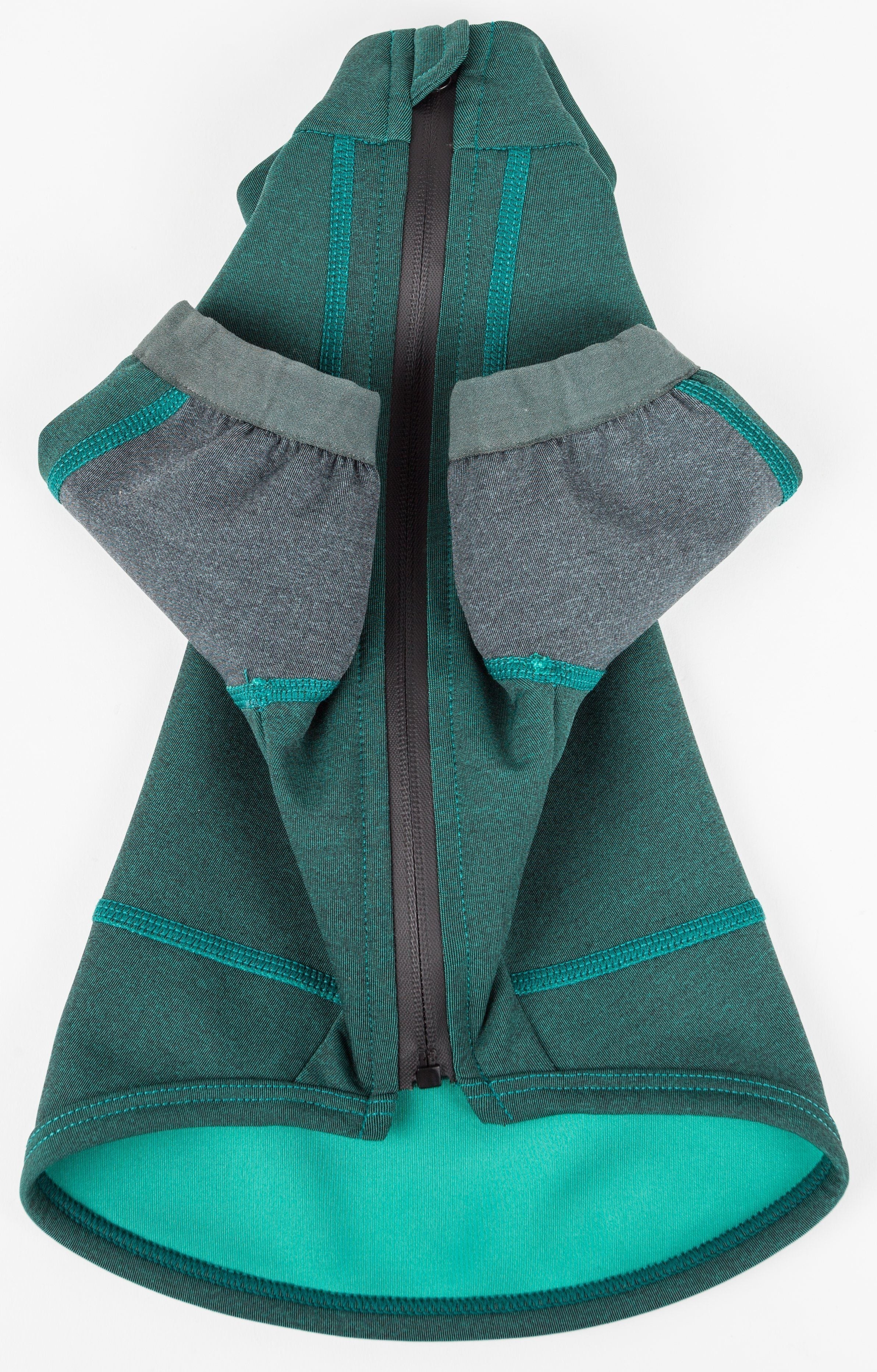 Forest green dog hoodie-style shirt with gray lining and front zipper