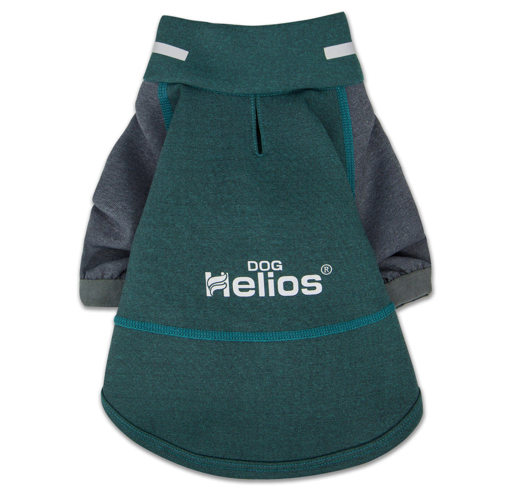 Teal and gray dog T-shirt laid flat with DOG Helios logo and contrast trim