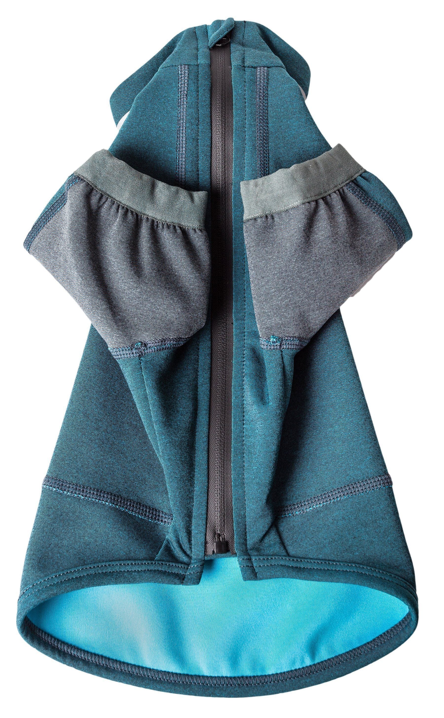 Ocean blue and gray dog yoga T-shirt front view with side zip