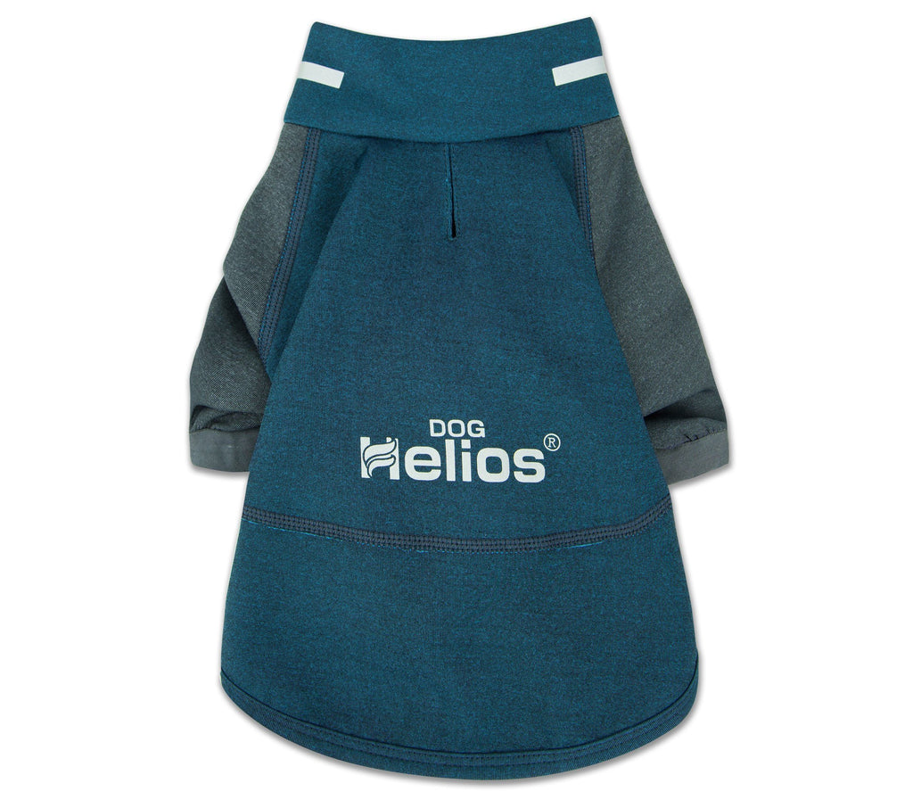 Teal and gray dog T-shirt laid flat with front logo and gray side panel sections