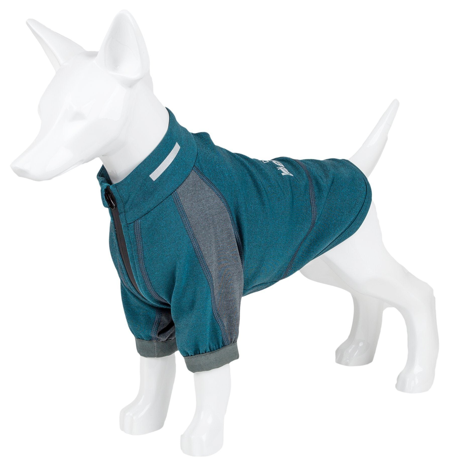 Teal and gray dog yoga shirt on mannequin, high neck with elastic leg cuffs