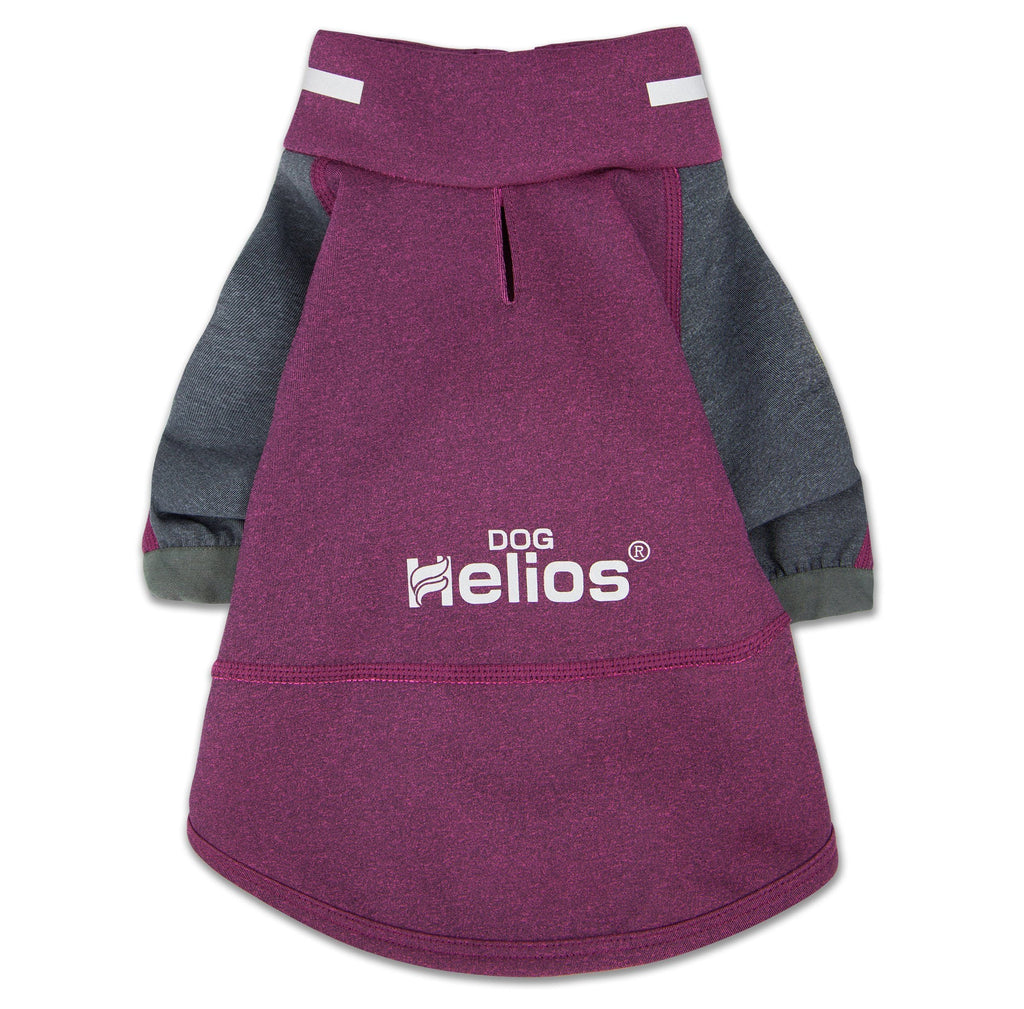 Burgundy and gray dog T-shirt laid flat with hood-like neckline and front opening