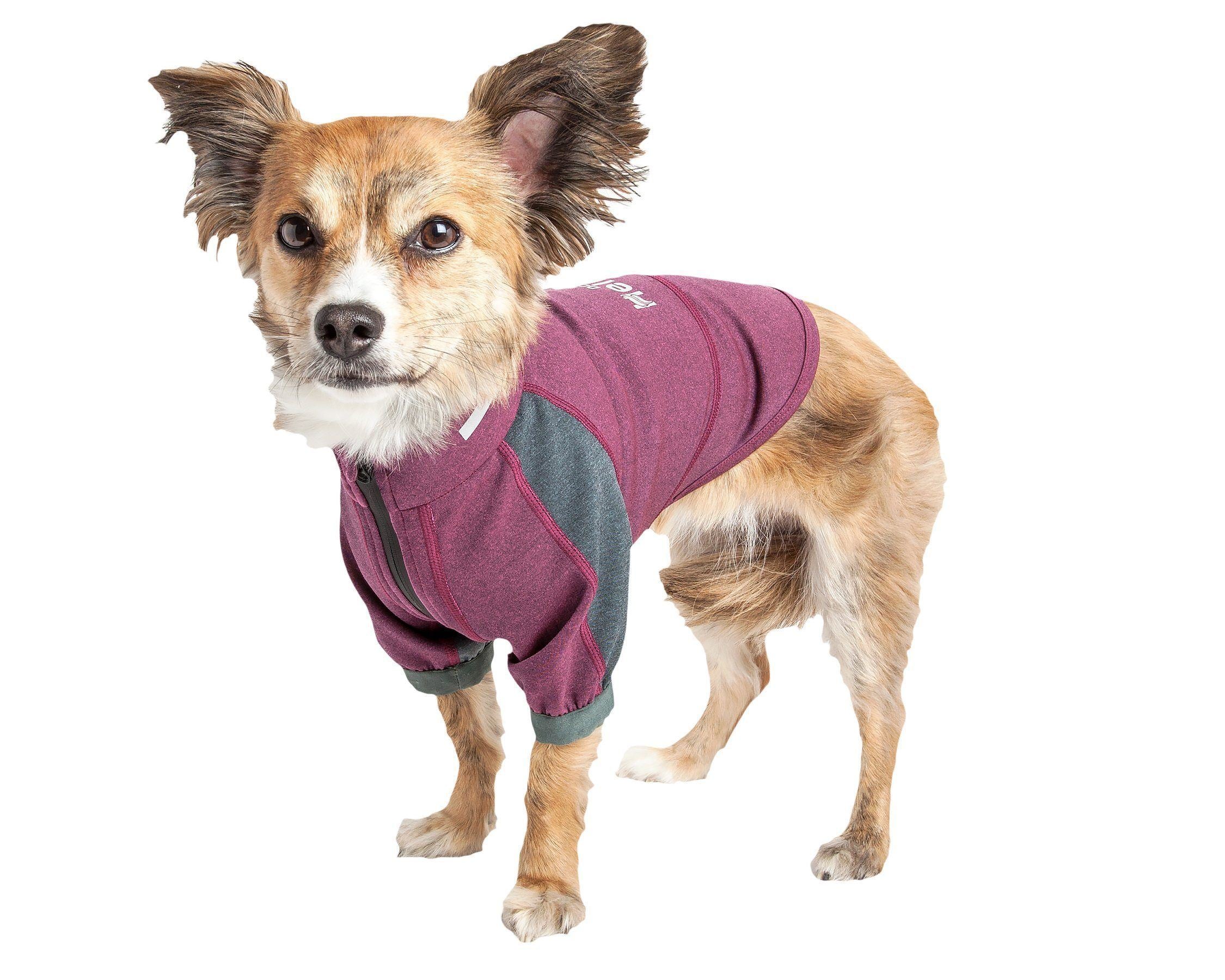 Dark pink and gray dog performance T-shirt with hooded front and elastic leg holes