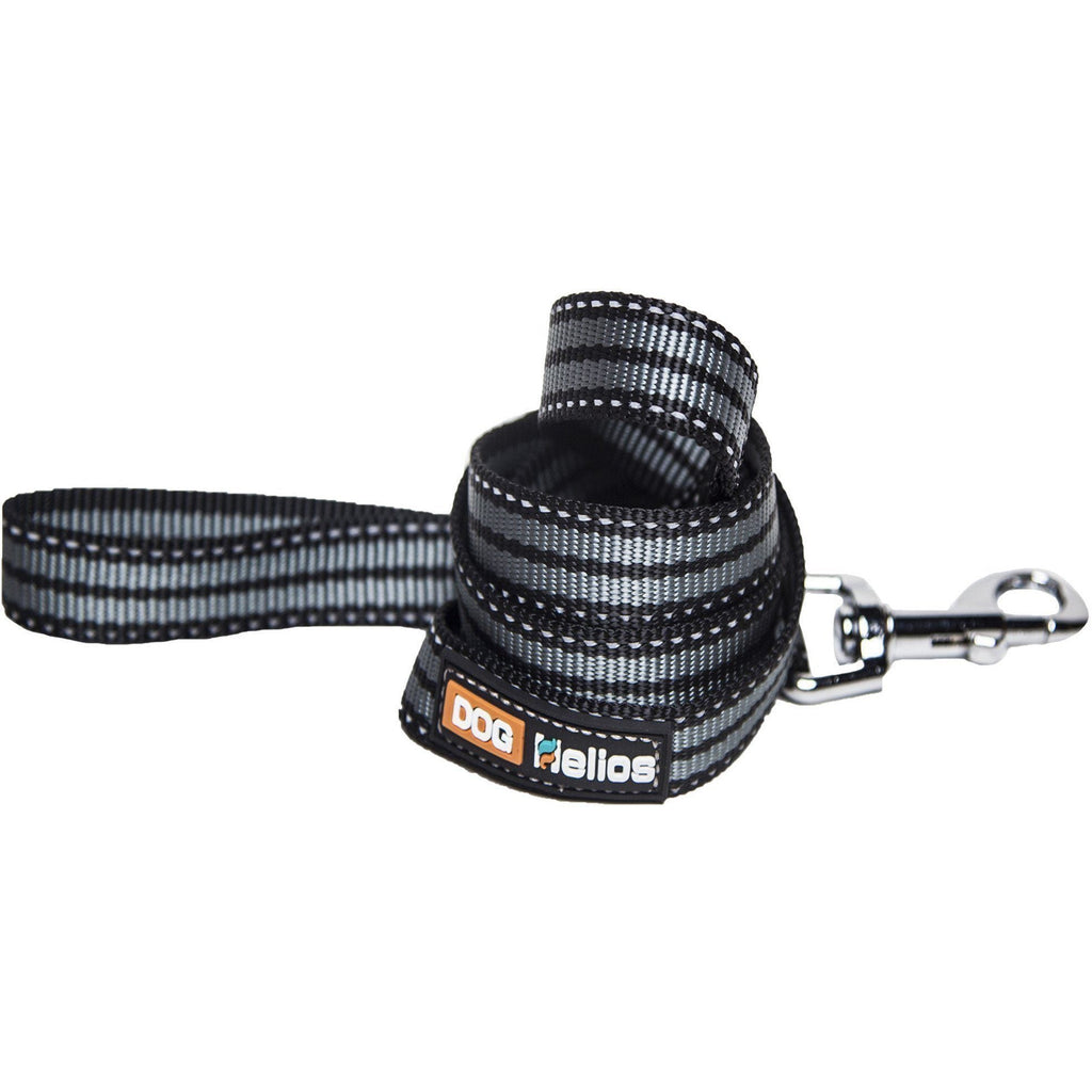 Black striped leash strap with clasp and “Dog Helios” patch on dog backpack harness