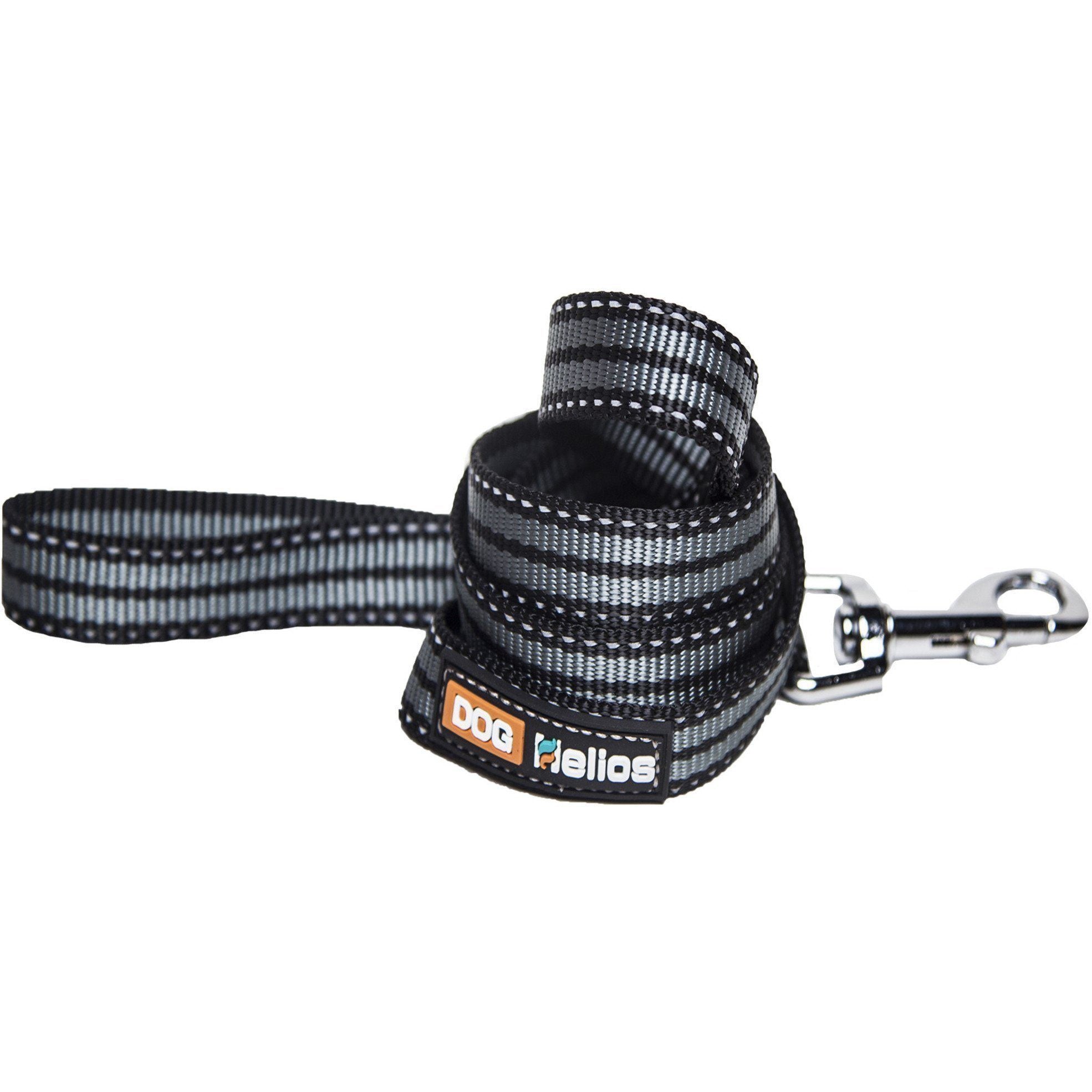 Black striped leash strap with clasp and “Dog Helios” patch on dog backpack harness