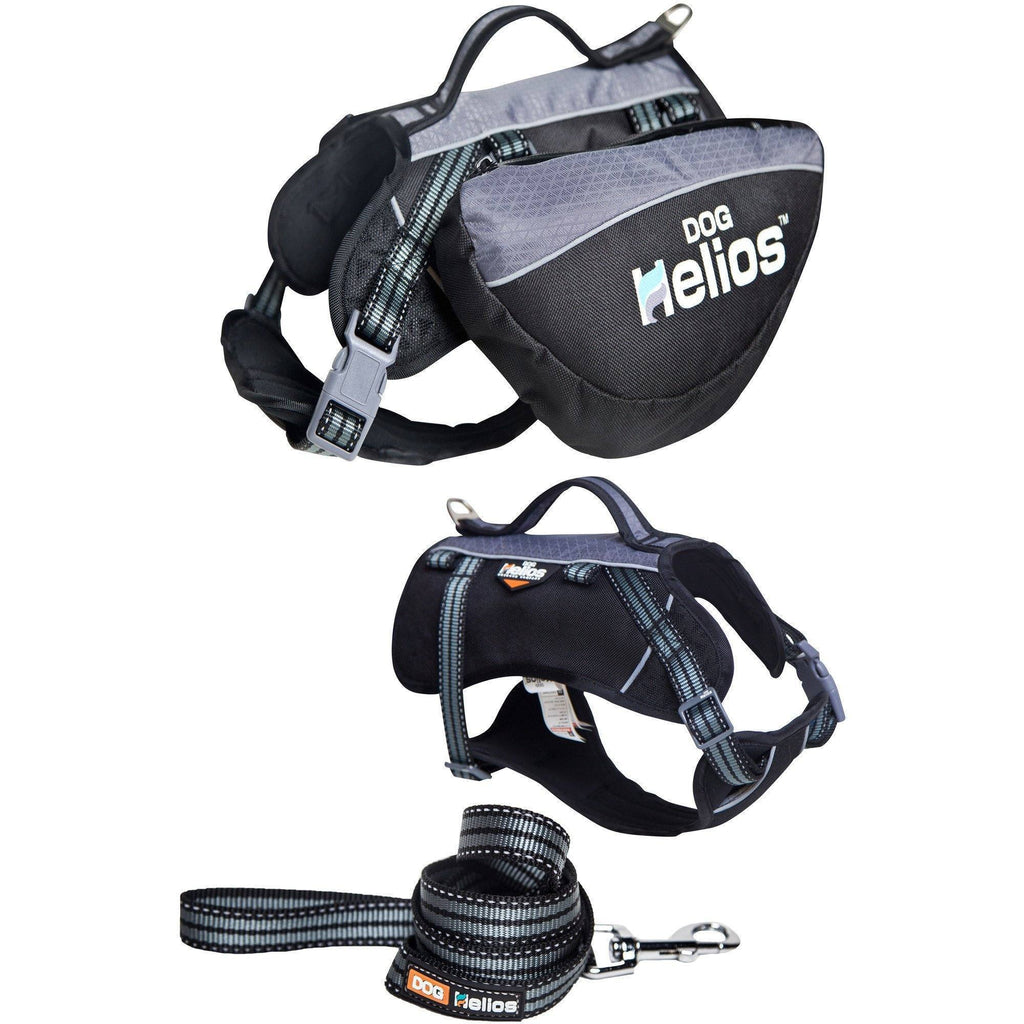 Black dog backpack harness set shown from angle with top handle and front buckles