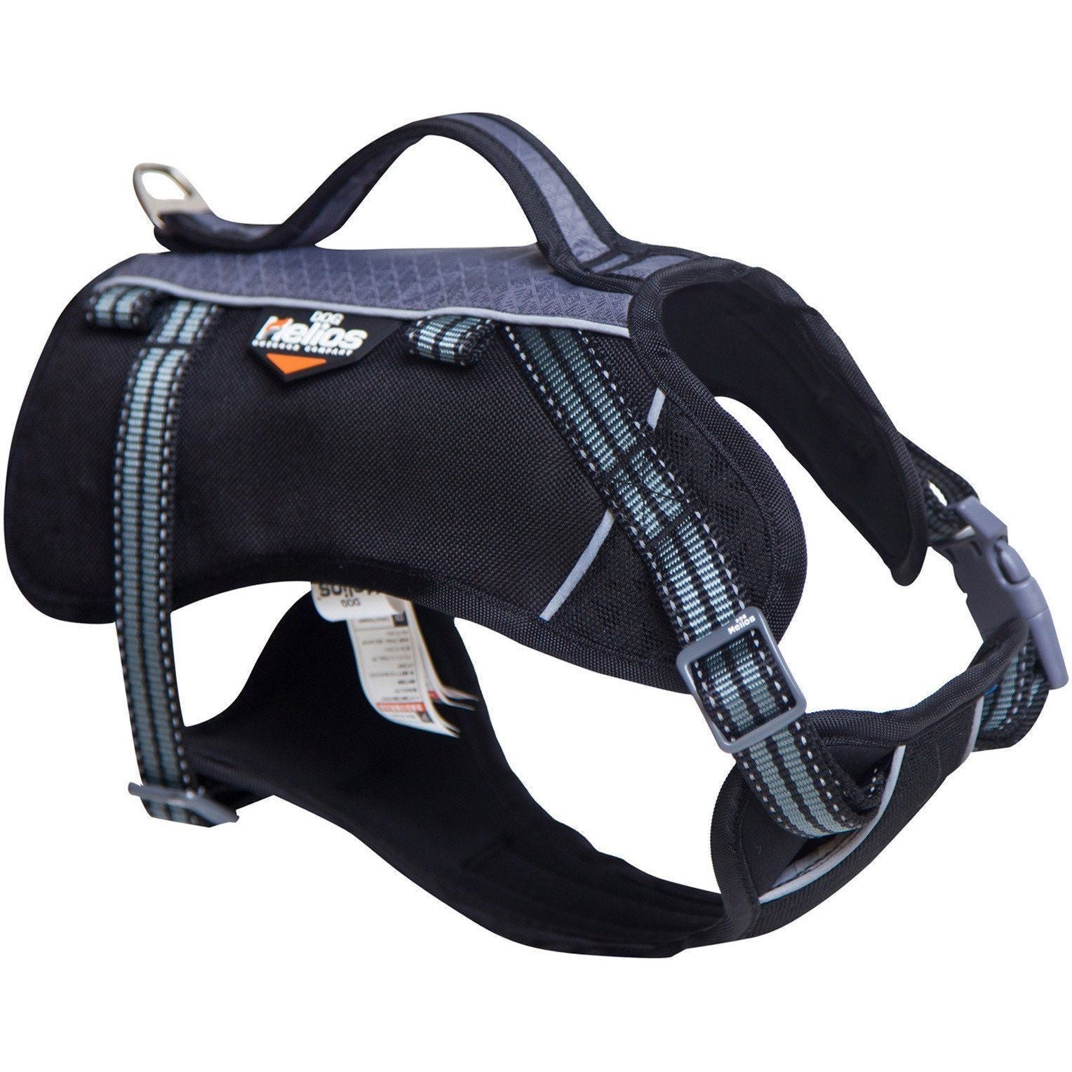 Black dog backpack harness, side view with adjustable straps and gray leash attachment clip