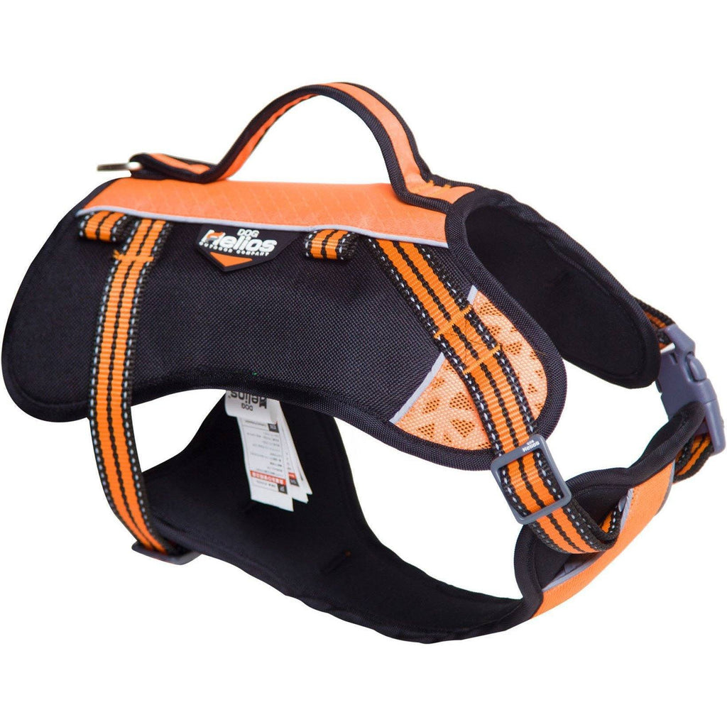 Orange and black dog backpack harness, side view with adjustable chest strap and buckle