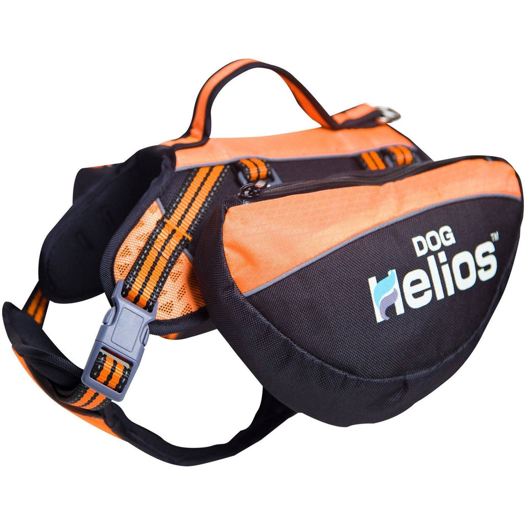 Orange waterproof dog backpack harness with front buckle, gray logo panel, and side straps