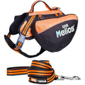 Orange and black dog backpack harness with metal leash clasp and striped webbing detail