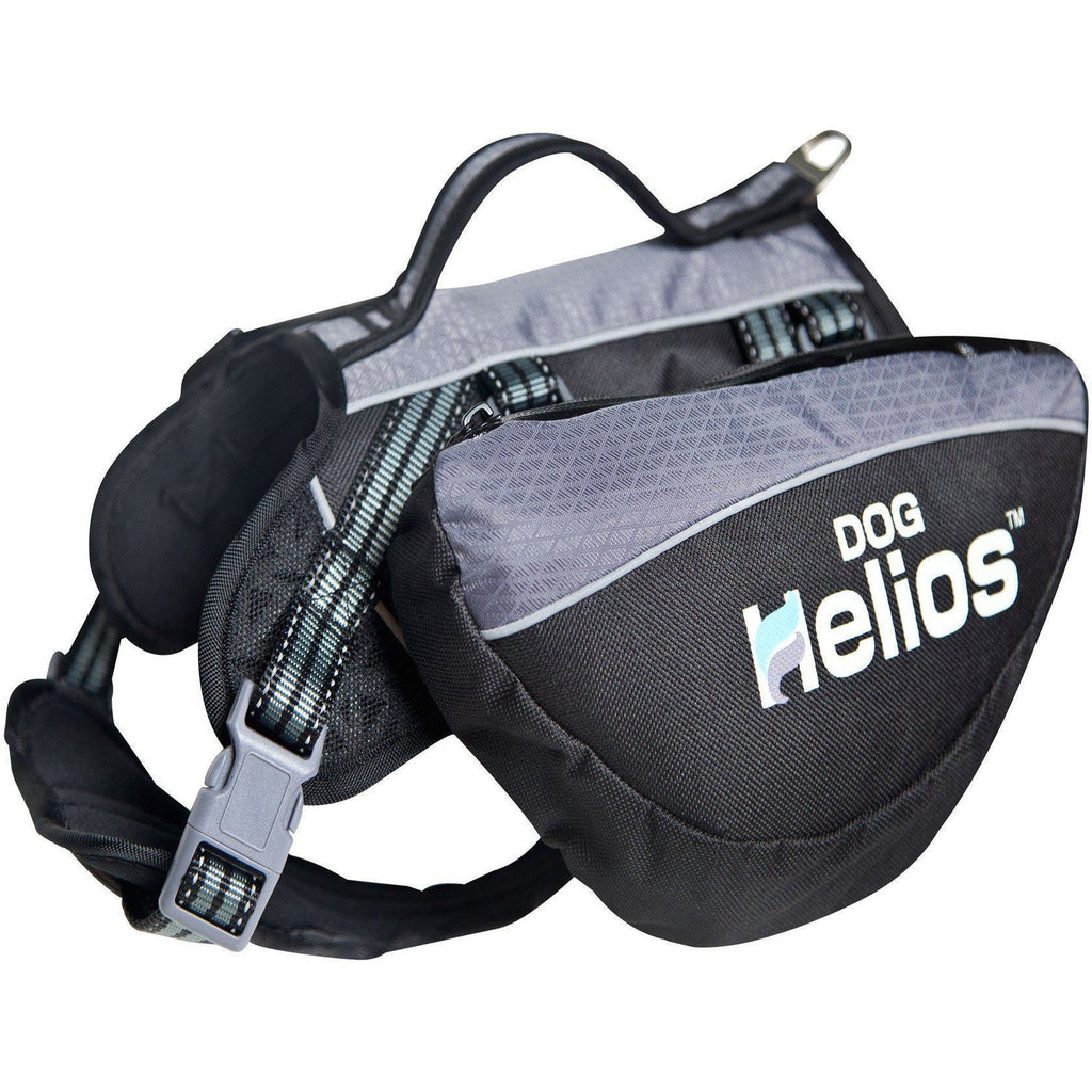 Black dog backpack harness with gray reflective-style banding and front clasp hardware