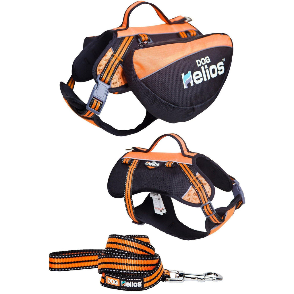 Orange and black waterproof dog backpack harness with gray “Dog Helios” logo panel