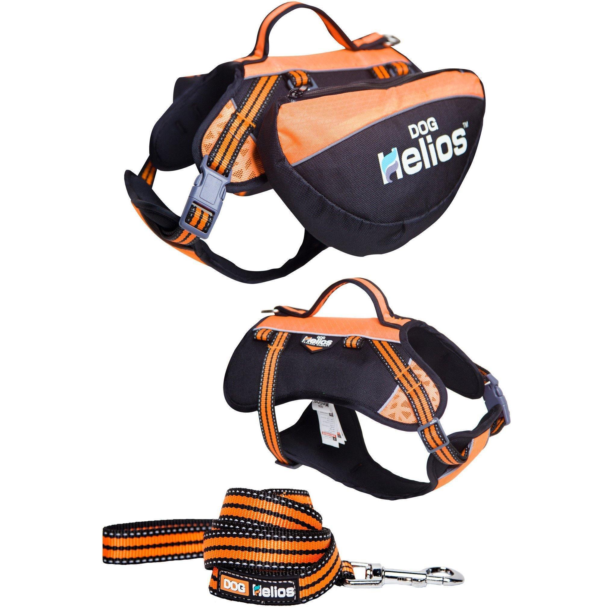 Orange and black waterproof dog backpack harness with gray “Dog Helios” logo panel