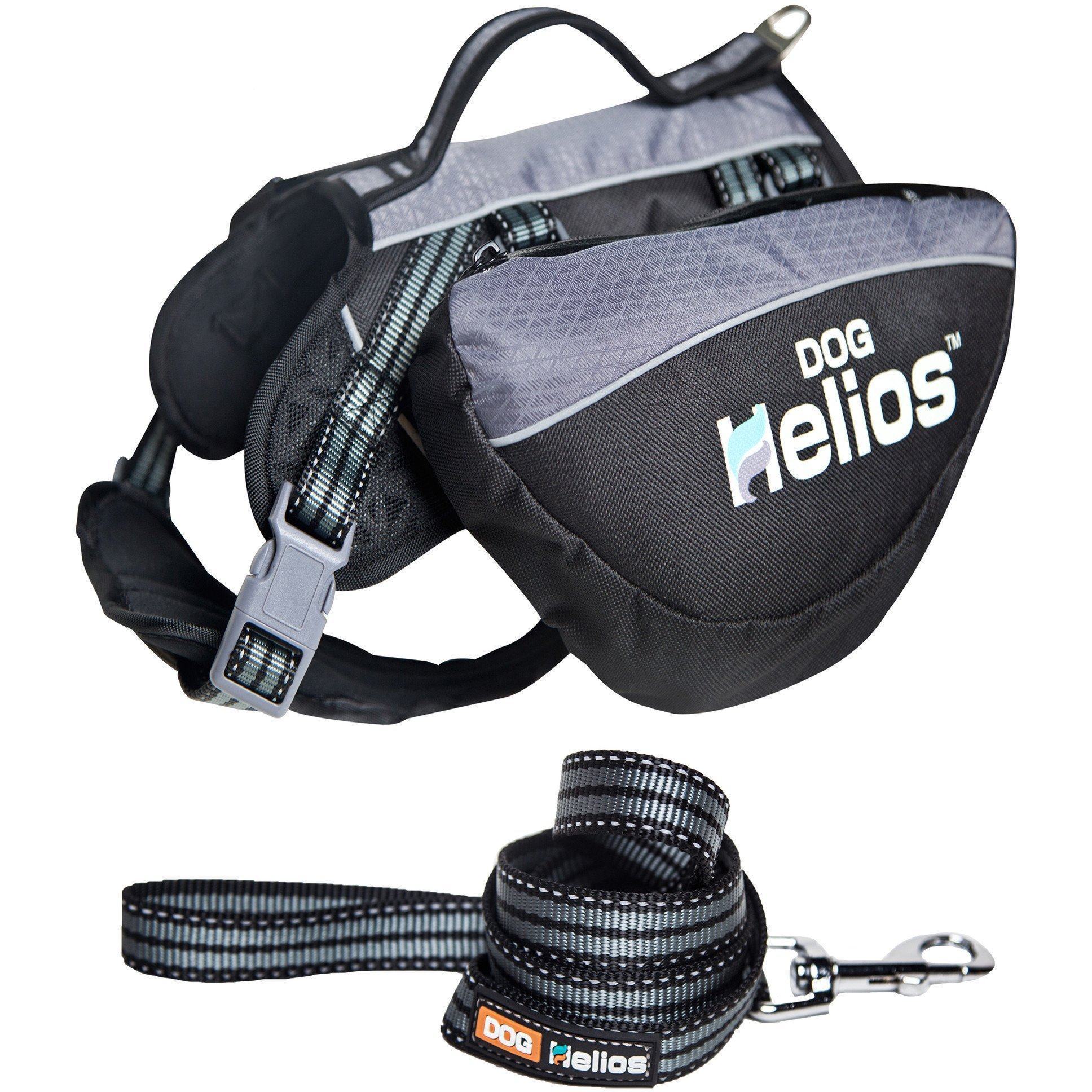 Black waterproof dog backpack harness with gray trim, front chest panel and side straps