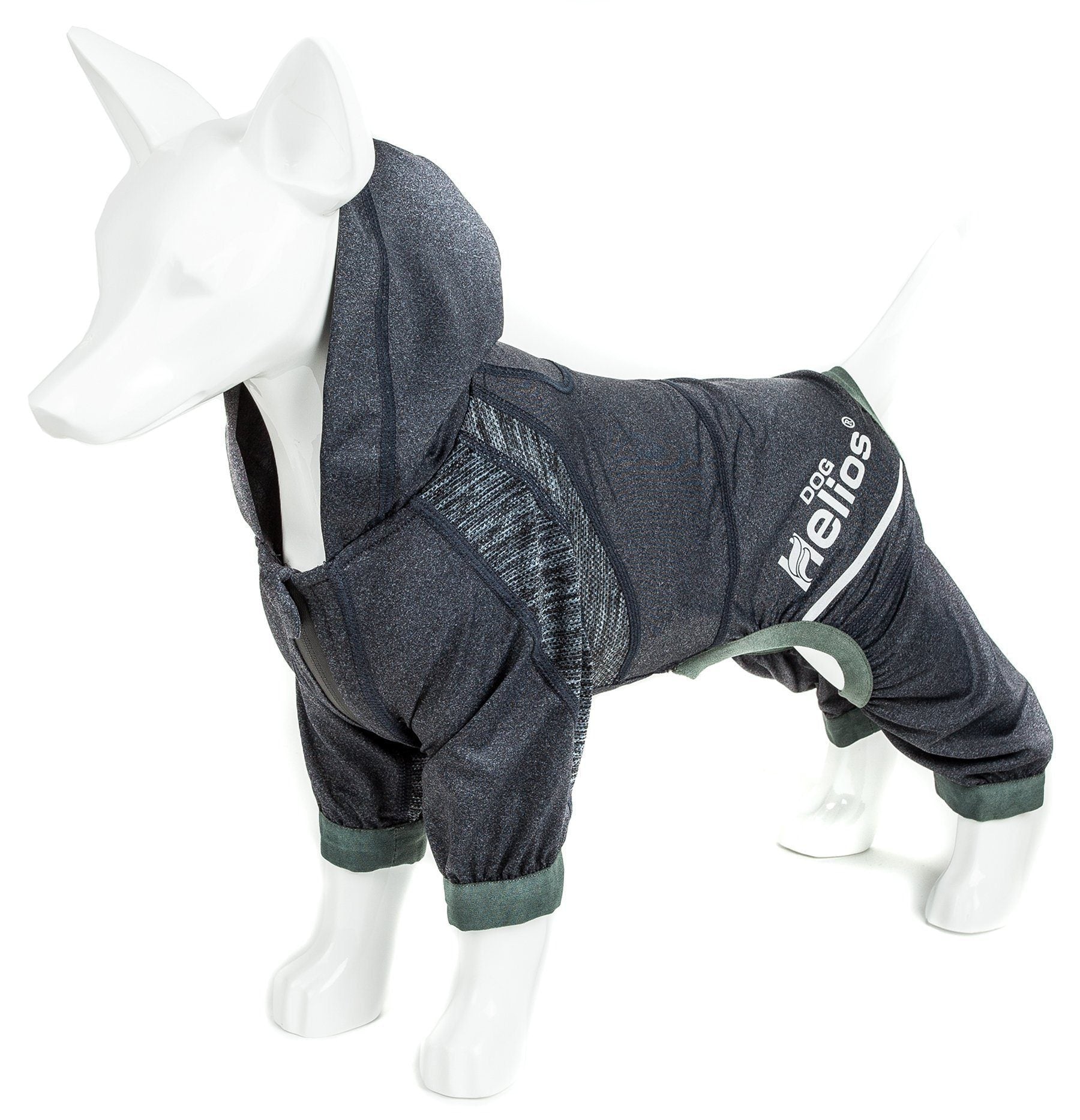 Charcoal black lightweight dog tracksuit hoodie on mannequin, hood opening and logo detail