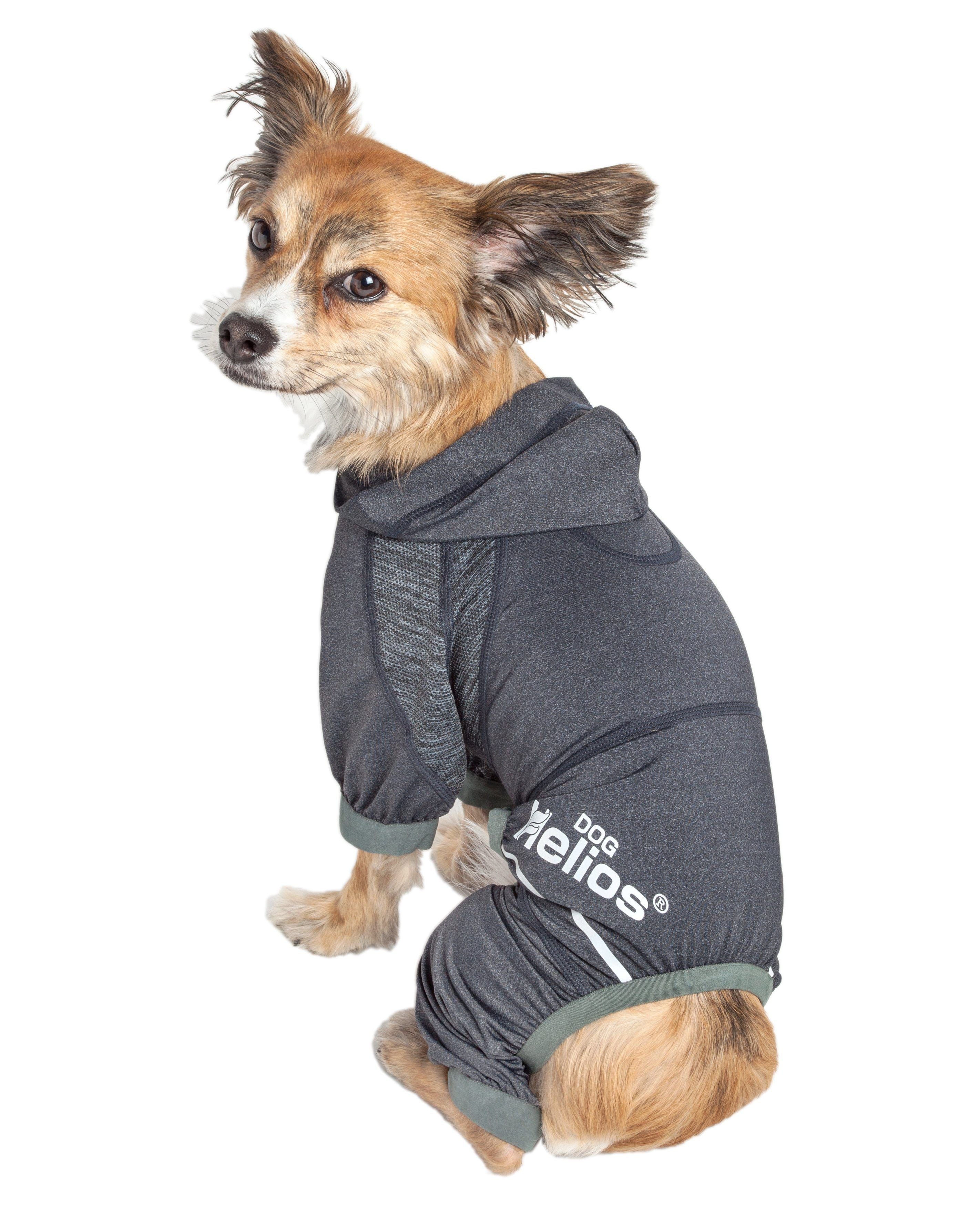 Charcoal black dog tracksuit hoodie, side view with hood opening and logo detail