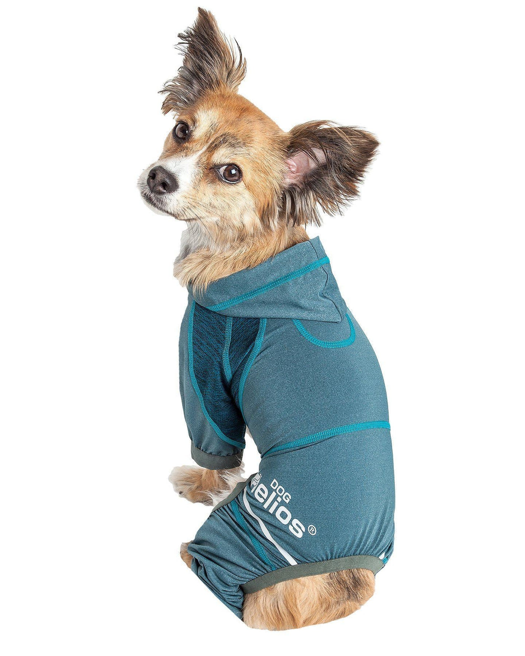 Teal blue dog tracksuit hoodie, side view with hood opening and stitched panel design