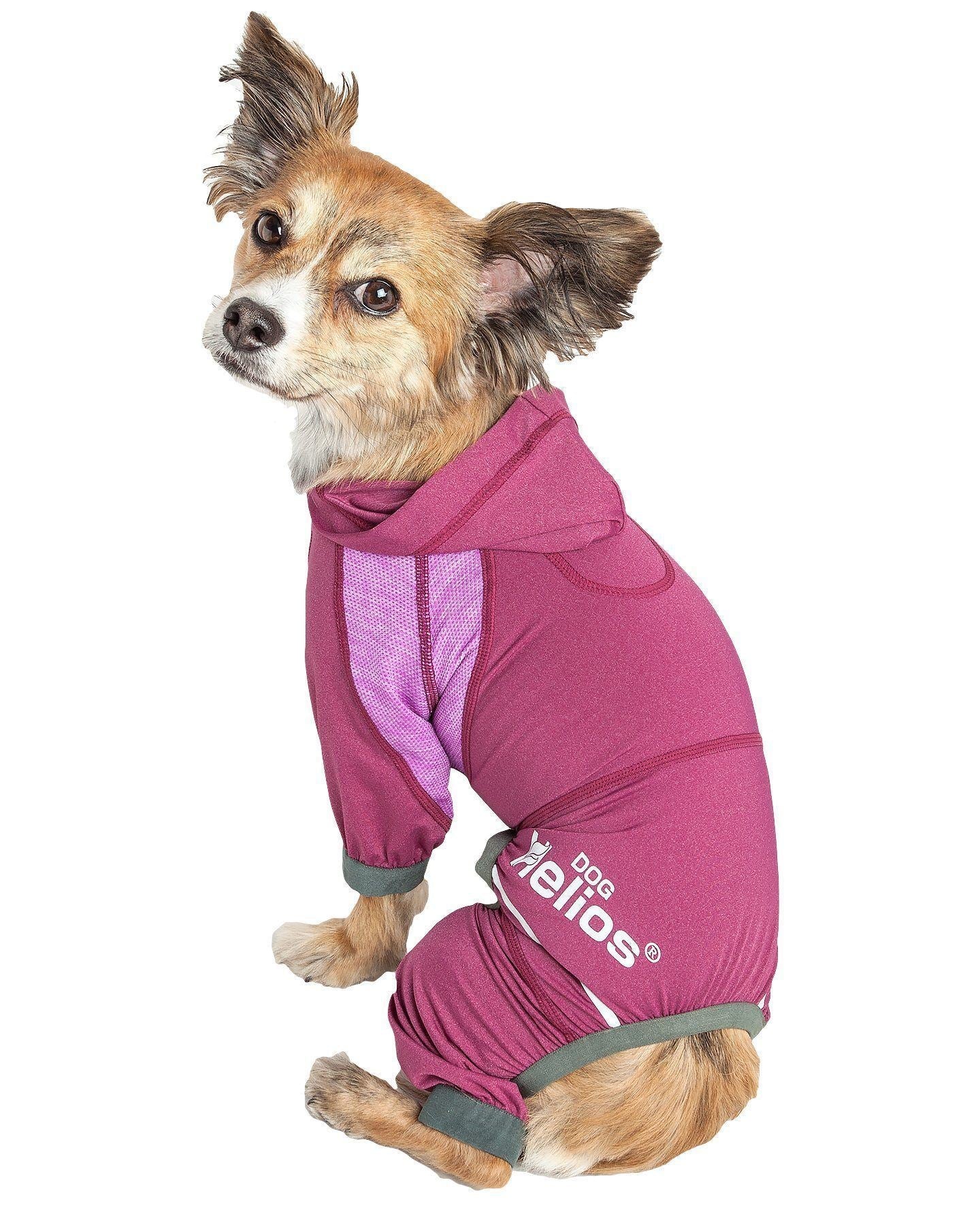 Pink dog yoga hoodie tracksuit with teal cuffs and accents, side view