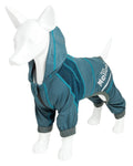 Teal blue lightweight dog tracksuit hoodie on mannequin, hood opening and logo detail