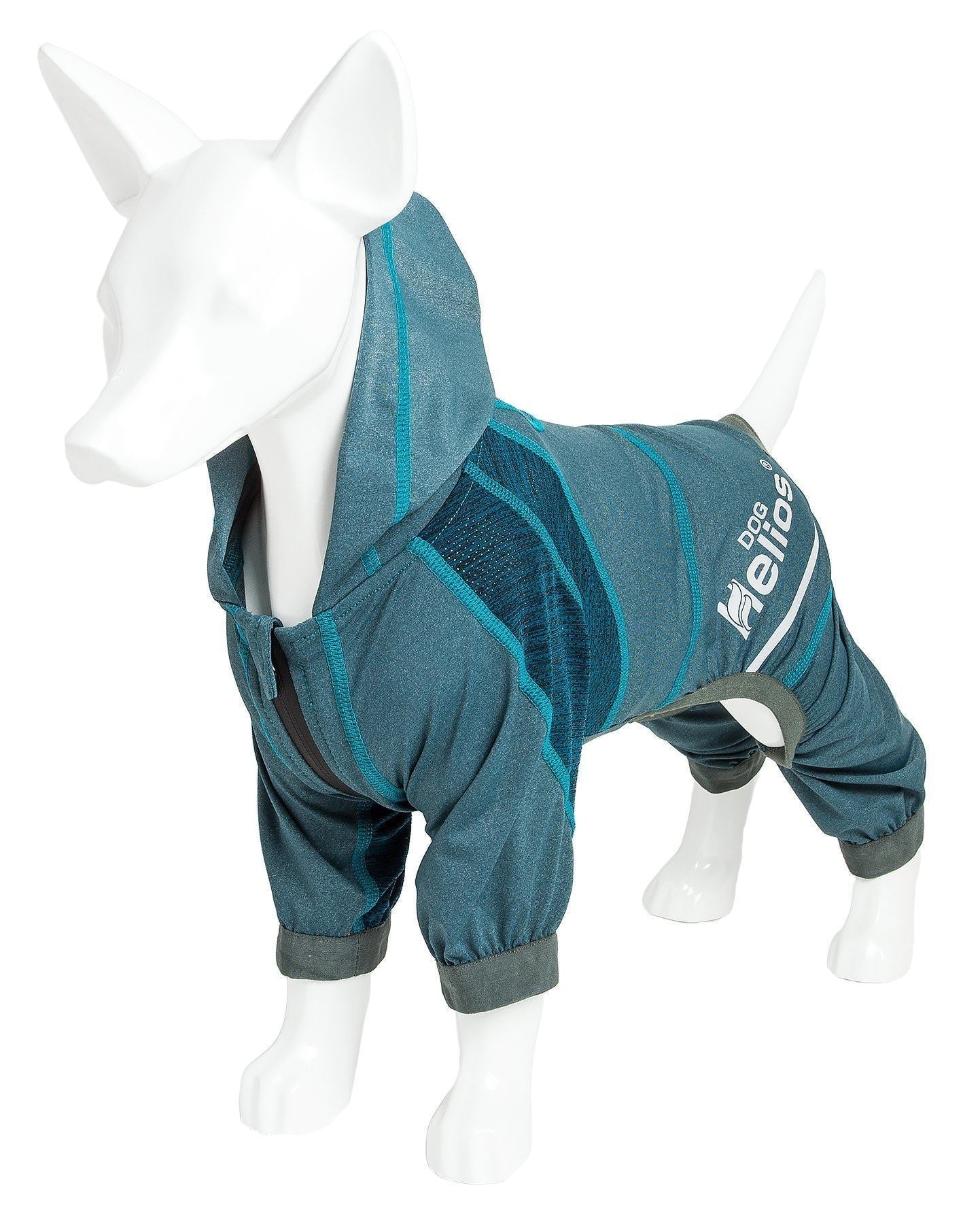 Teal blue lightweight dog tracksuit hoodie on mannequin, hood opening and logo detail