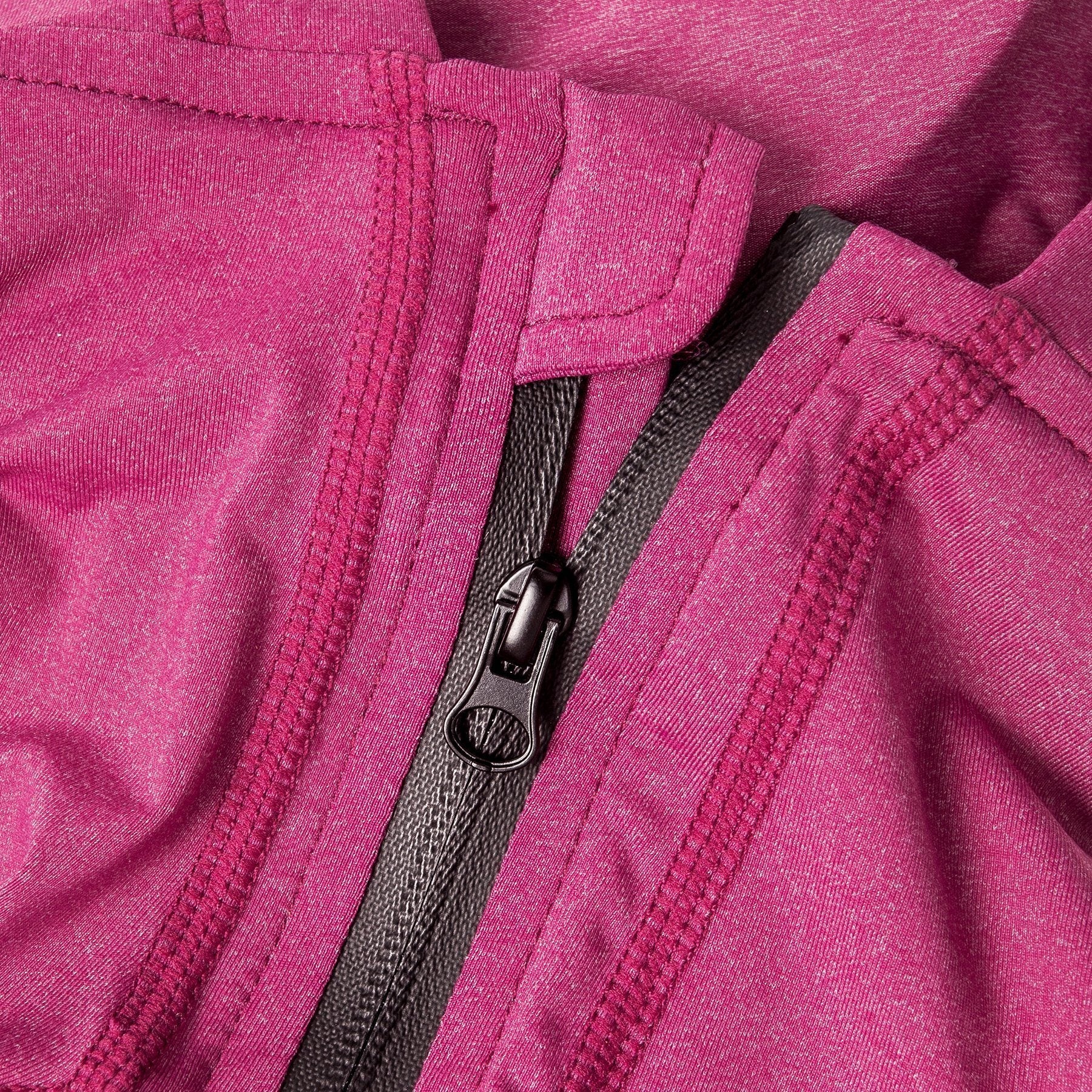 Pink dog tracksuit hoodie close-up: front zipper and adjustable hood detail
