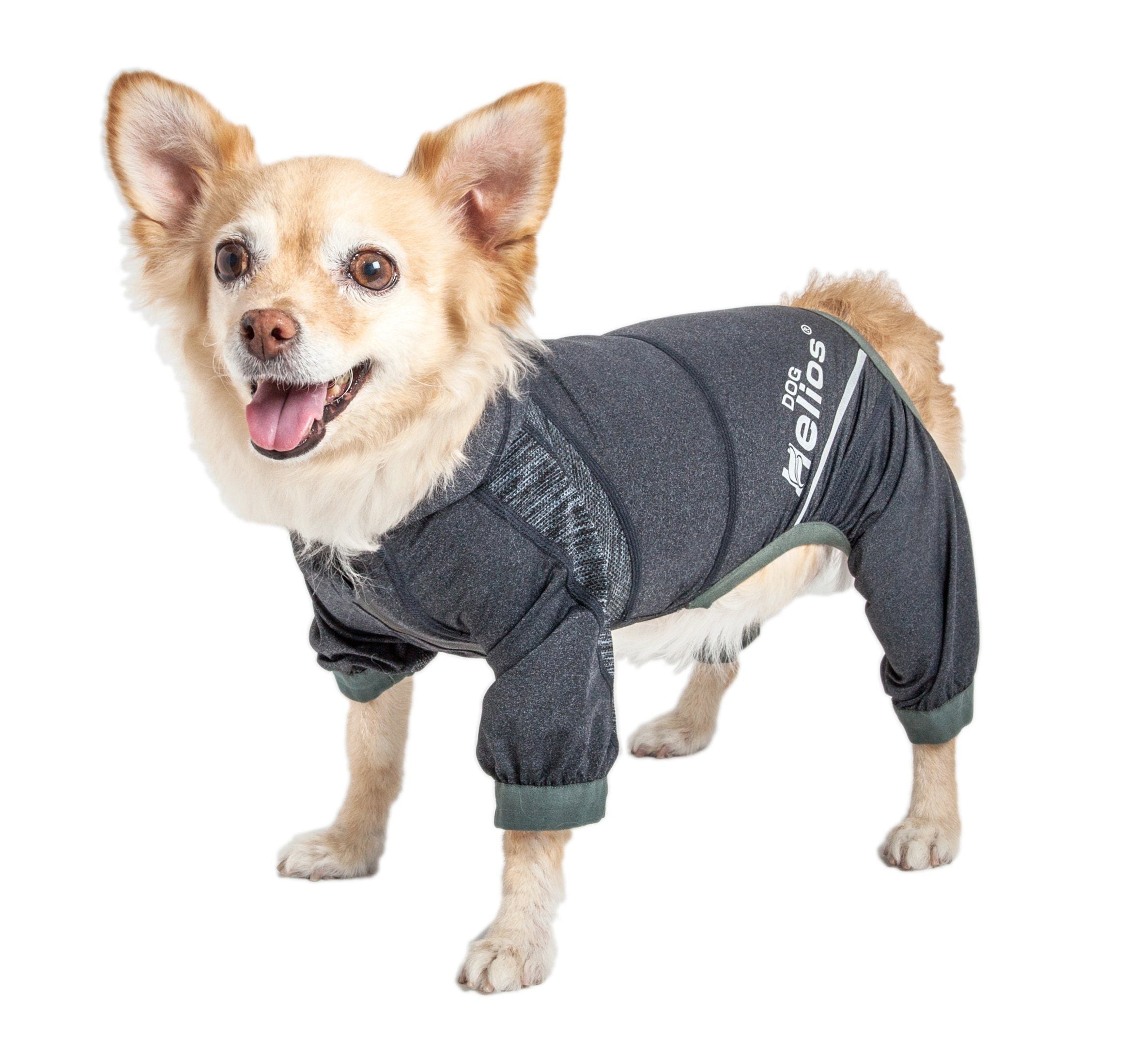 Lightweight dog tracksuit hoodie in charcoal black, full-body fit with hood opening and logo