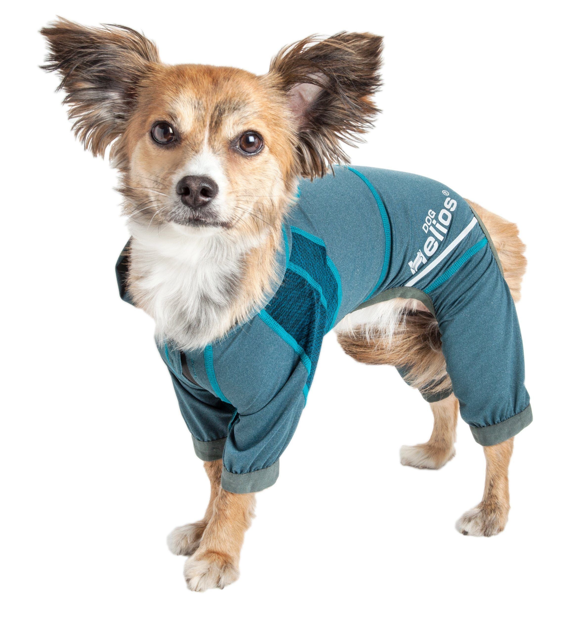 Lightweight dog tracksuit hoodie in teal blue, full-body fit with hood opening and logo