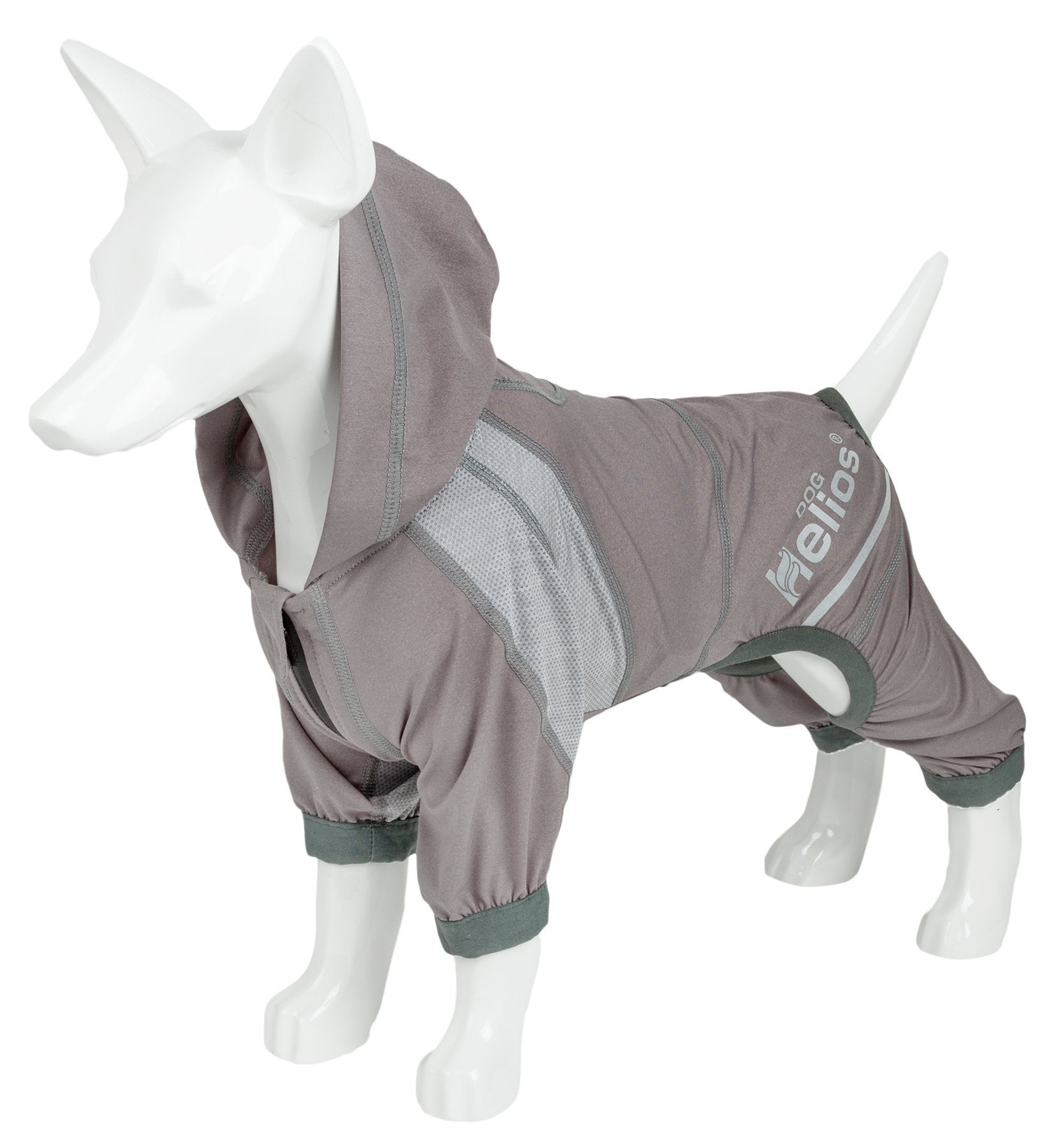 Grey lightweight dog tracksuit hoodie on mannequin, hood opening and logo detail