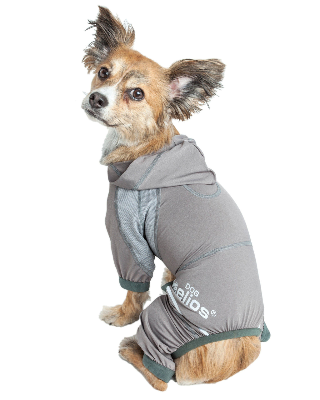 Grey dog yoga hoodie tracksuit with teal accents, full body view from the side