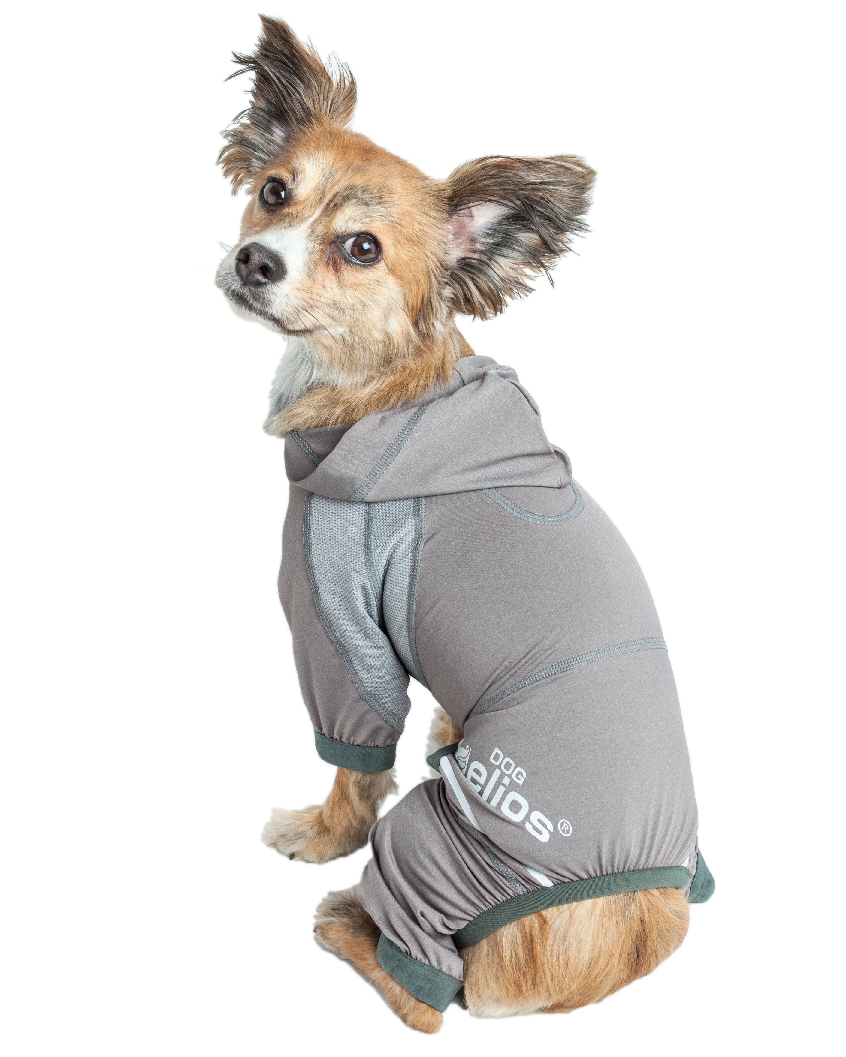 Grey dog yoga hoodie tracksuit with teal accents, full body view from the side