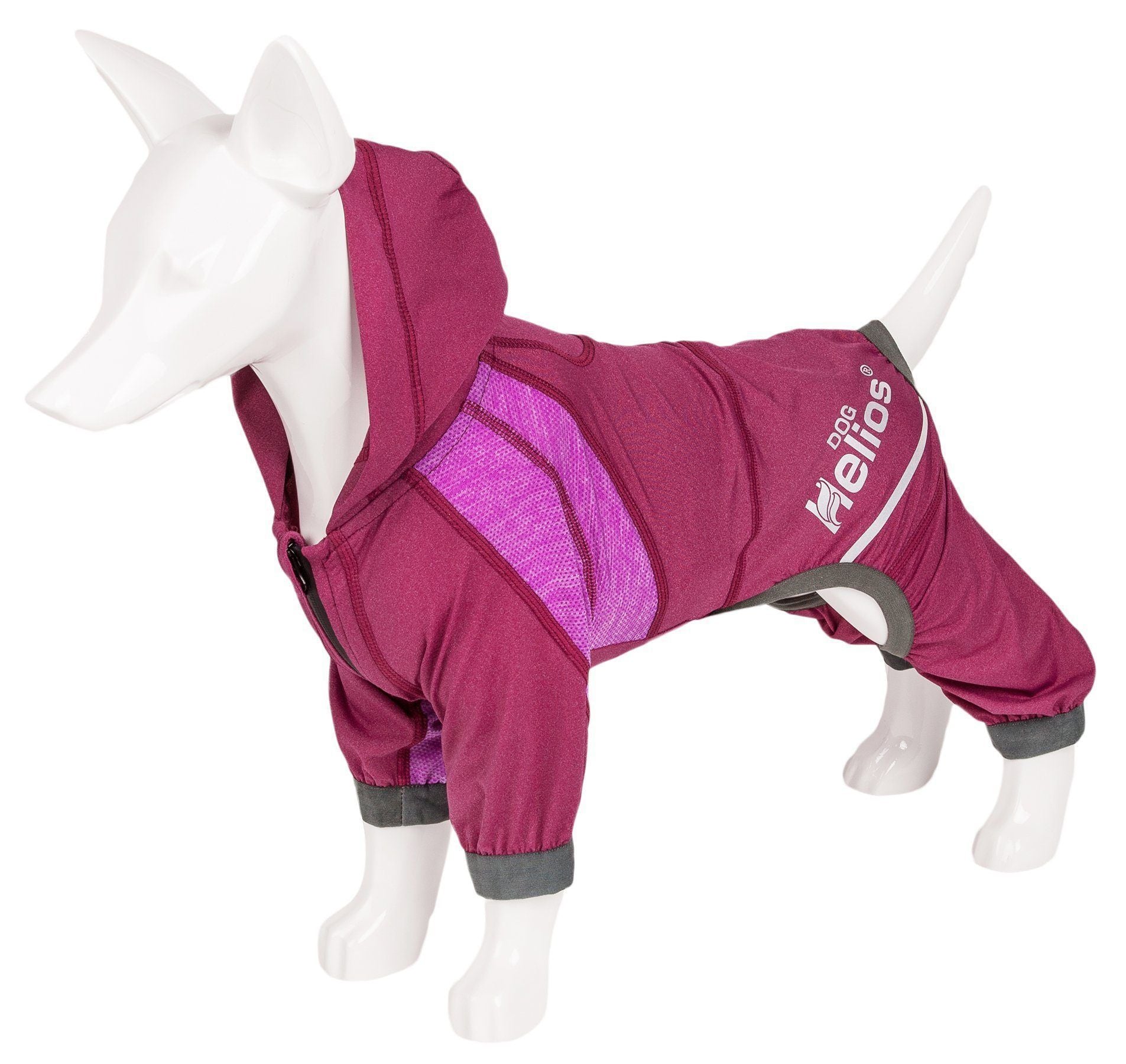 Pink lightweight dog tracksuit hoodie on mannequin, hood opening and logo detail