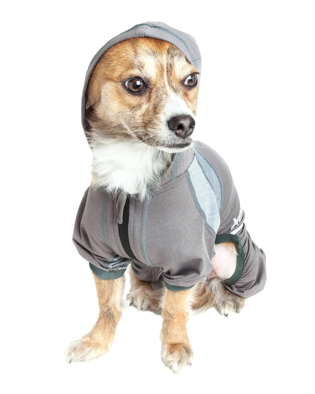 Grey dog yoga hoodie with hood up and teal trim, front-facing side view