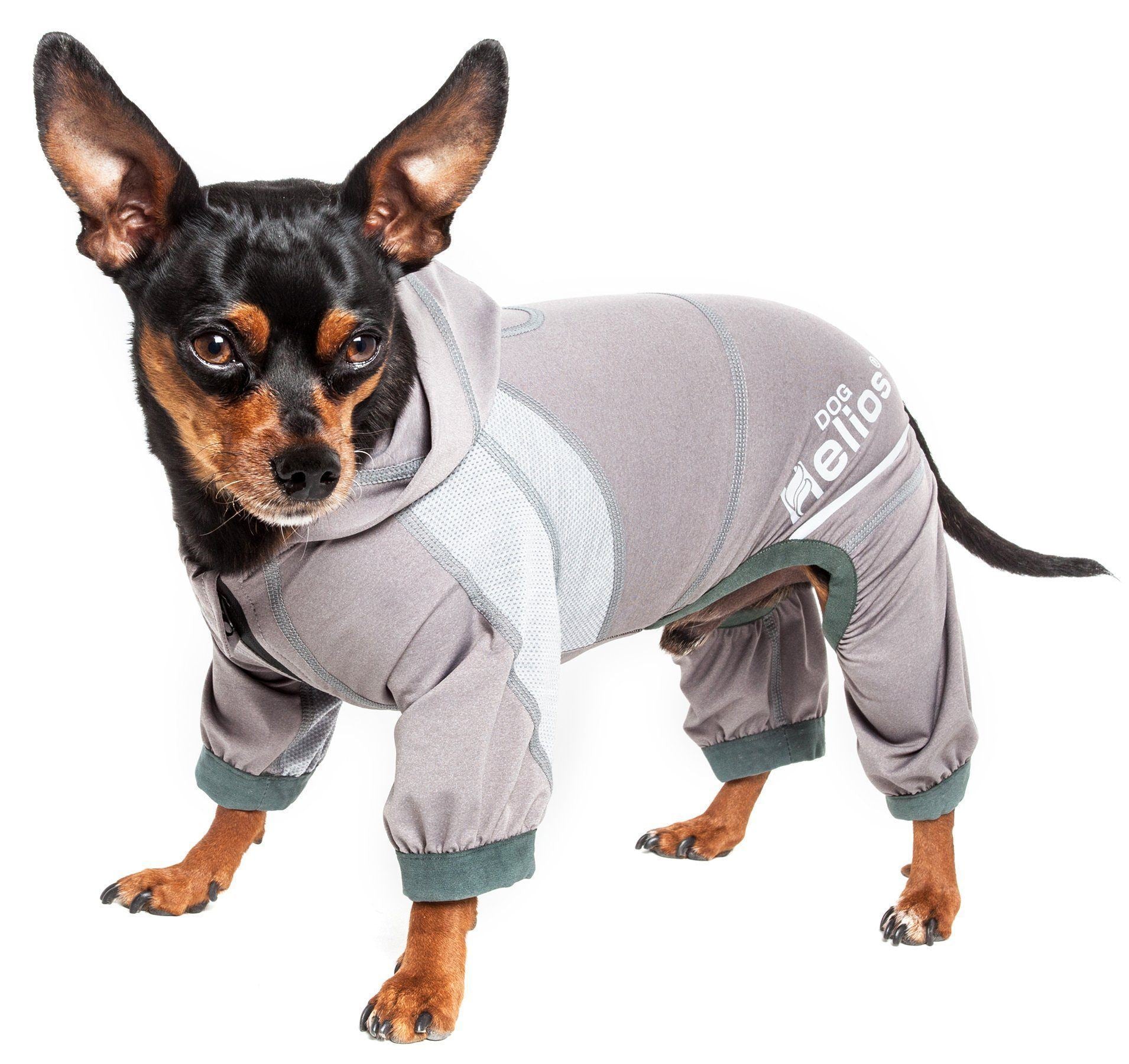 Lightweight dog tracksuit hoodie in grey, full-body fit with hood opening and logo patch
