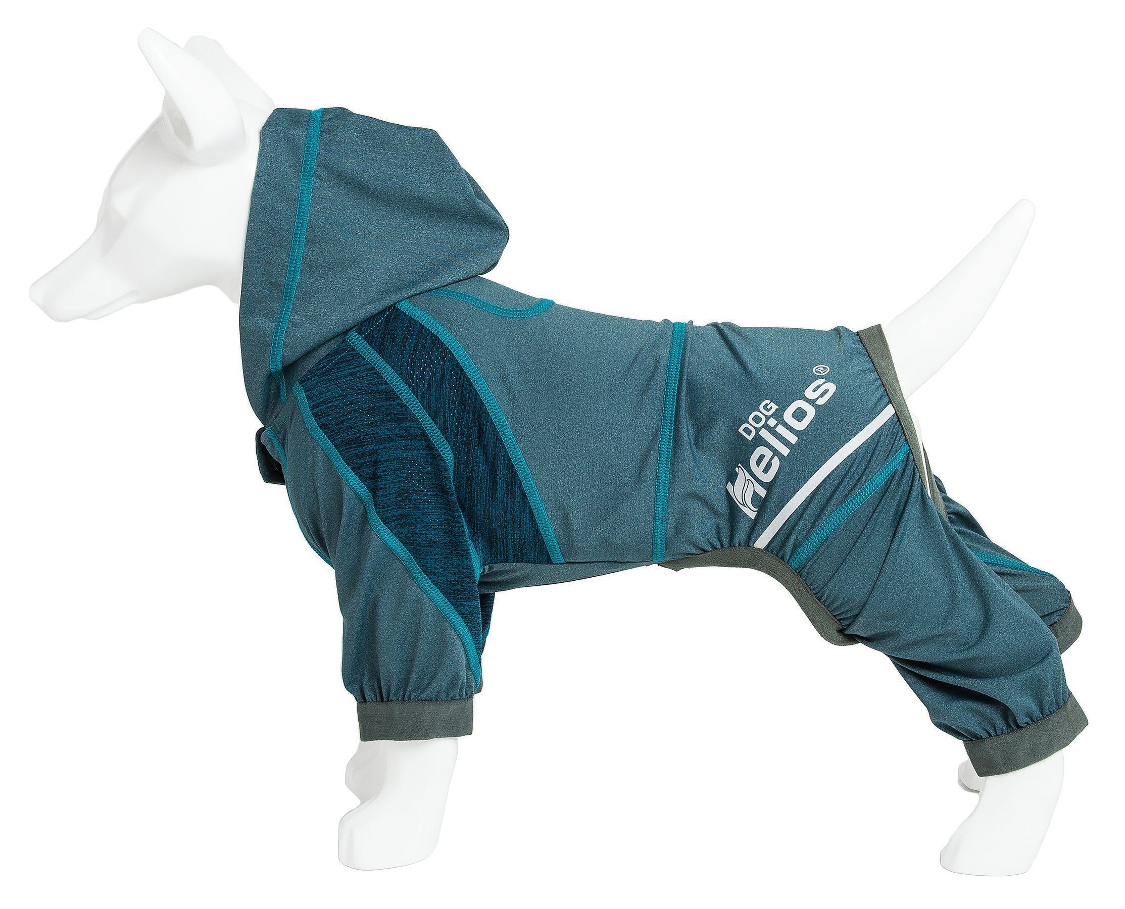 Teal/blue dog yoga hoodie tracksuit with hood up and teal seams