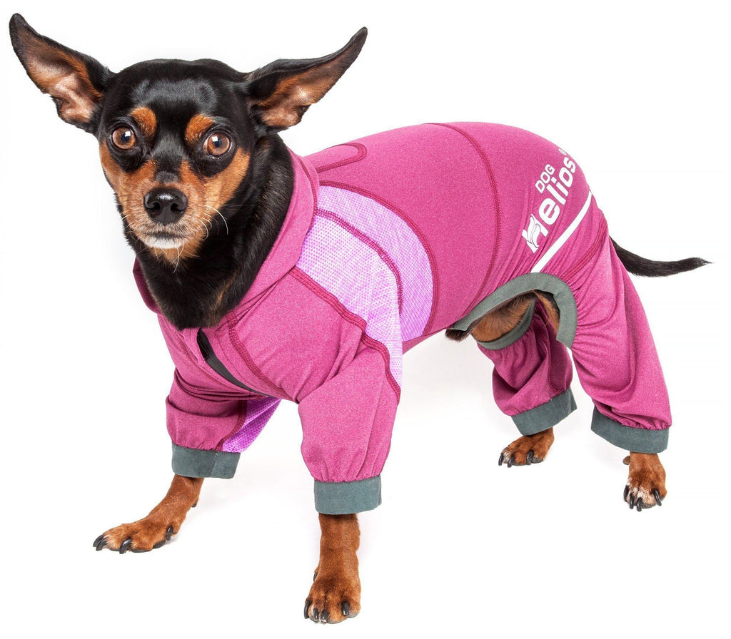 Pink dog yoga hoodie tracksuit with hood up and teal trim, standing pose