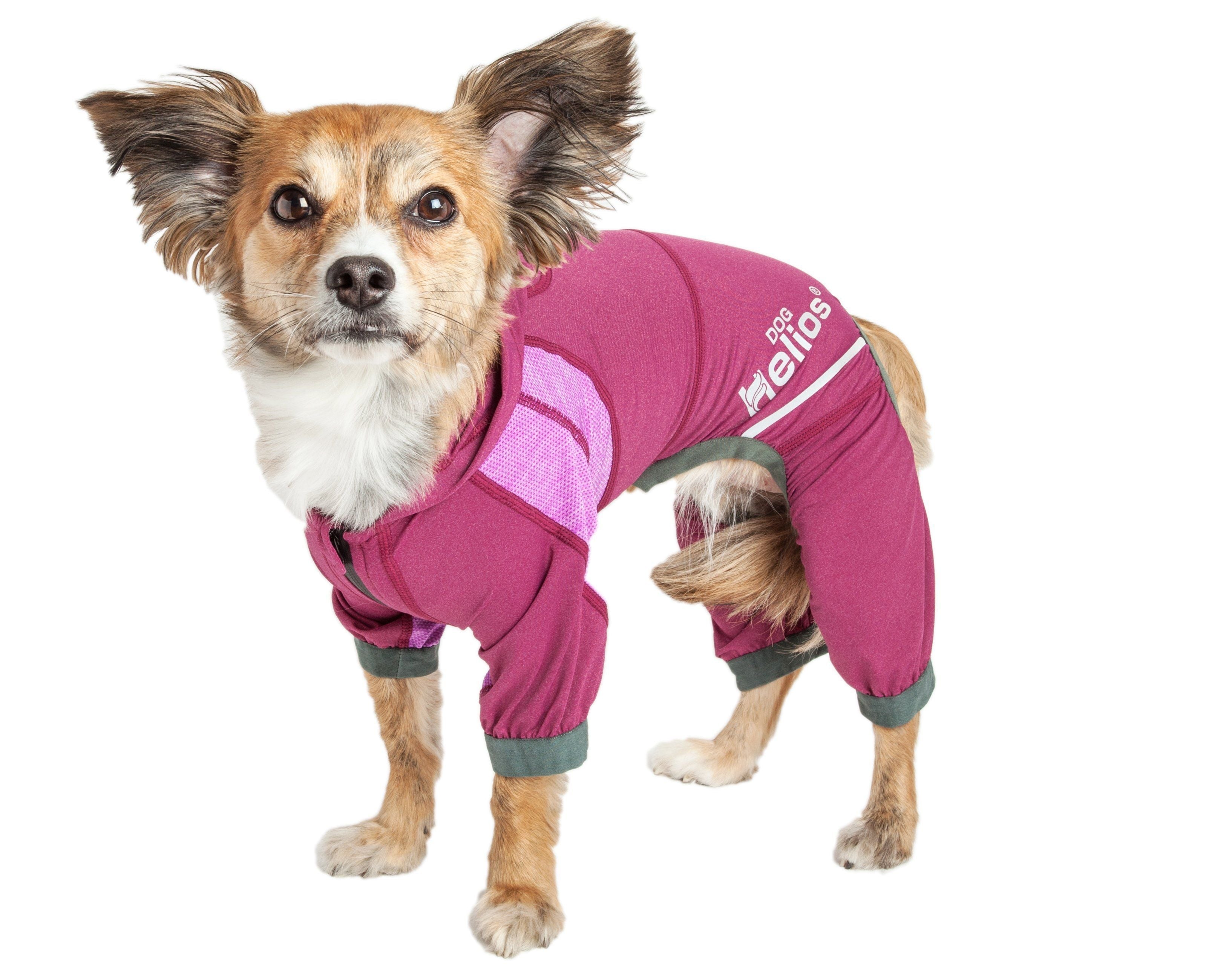 Lightweight dog tracksuit hoodie in pink, full-body fit with hood opening and logo patch