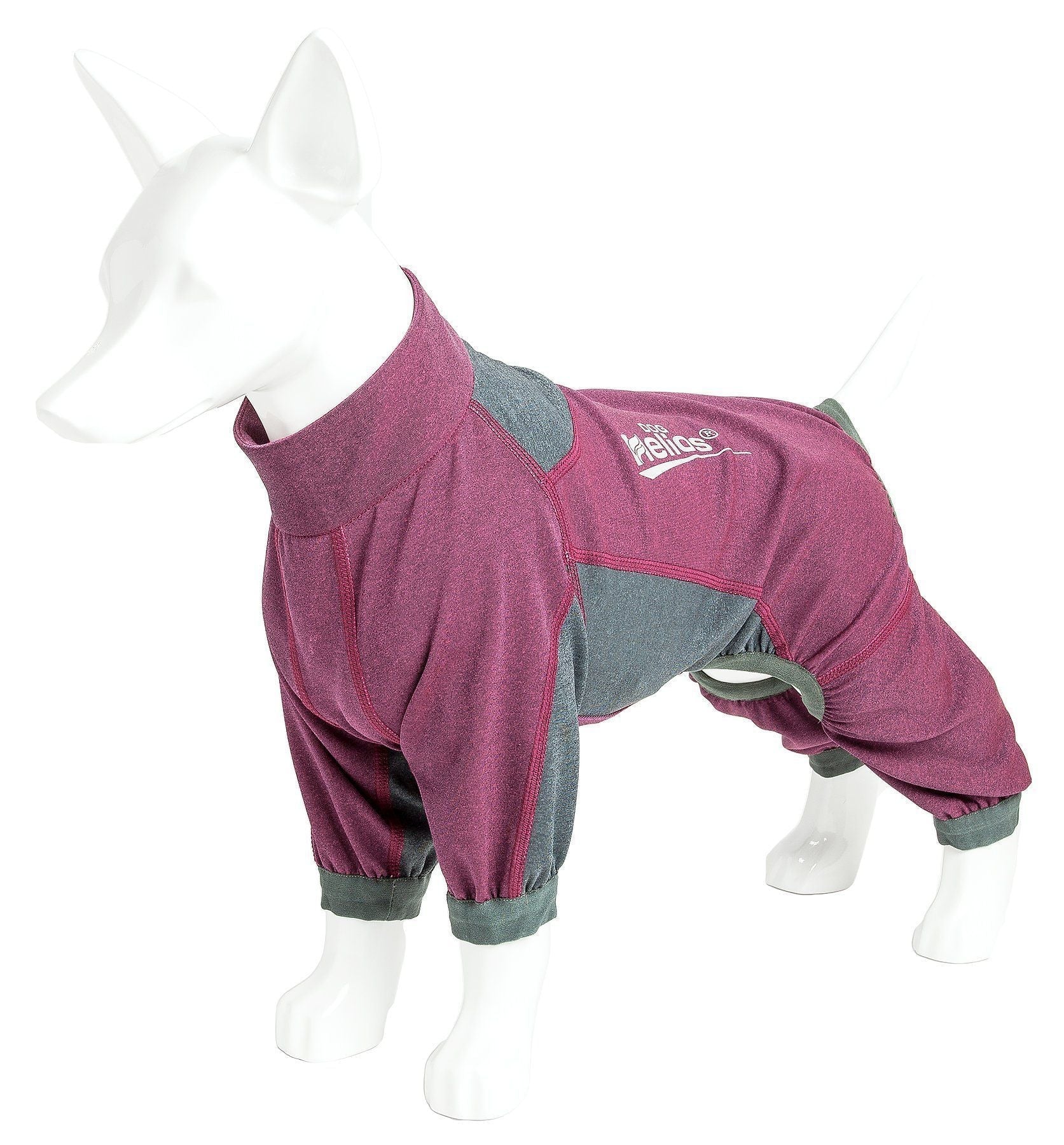 Burgundy/pink and gray dog tracksuit jacket on mannequin, side view