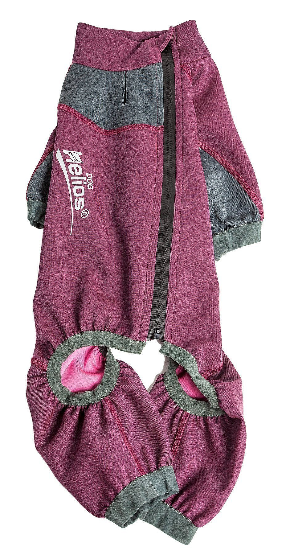 Pink and gray dog suit jacket with front zipper, paw holes, Helios logo
