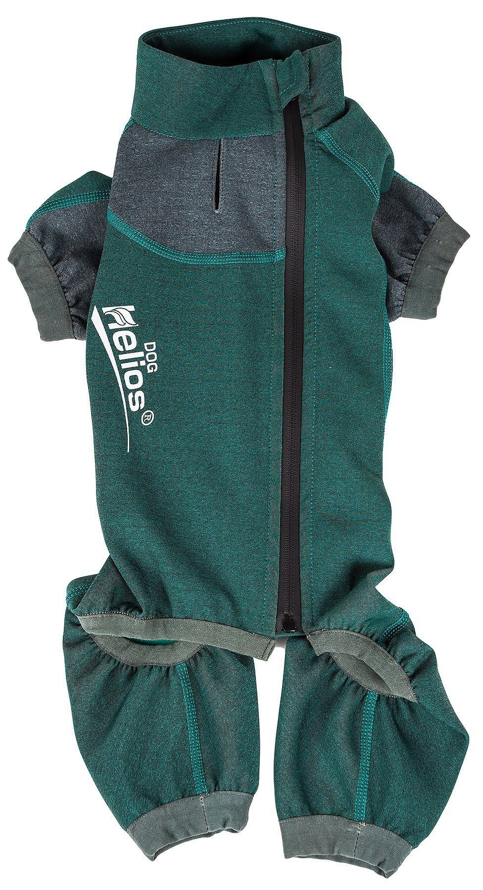 Green and gray dog suit jacket, zip front, paw holes, Helios logo