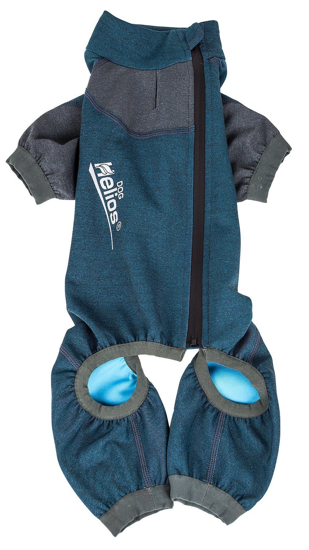 Blue and gray dog suit jacket, front zipper, paw holes, Helios logo