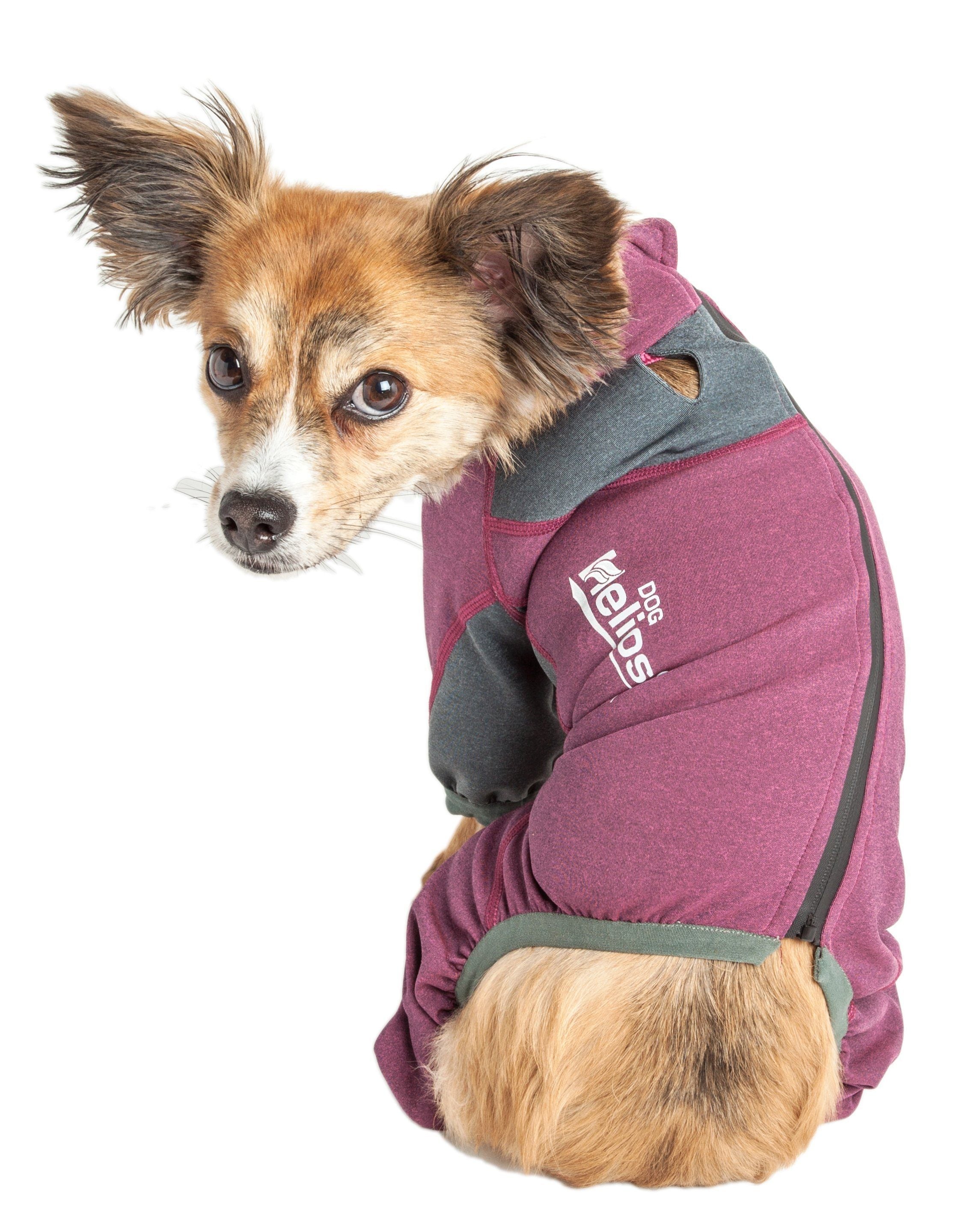 Pink and gray dog tracksuit jacket with zipper, paw holes, and Helios logo