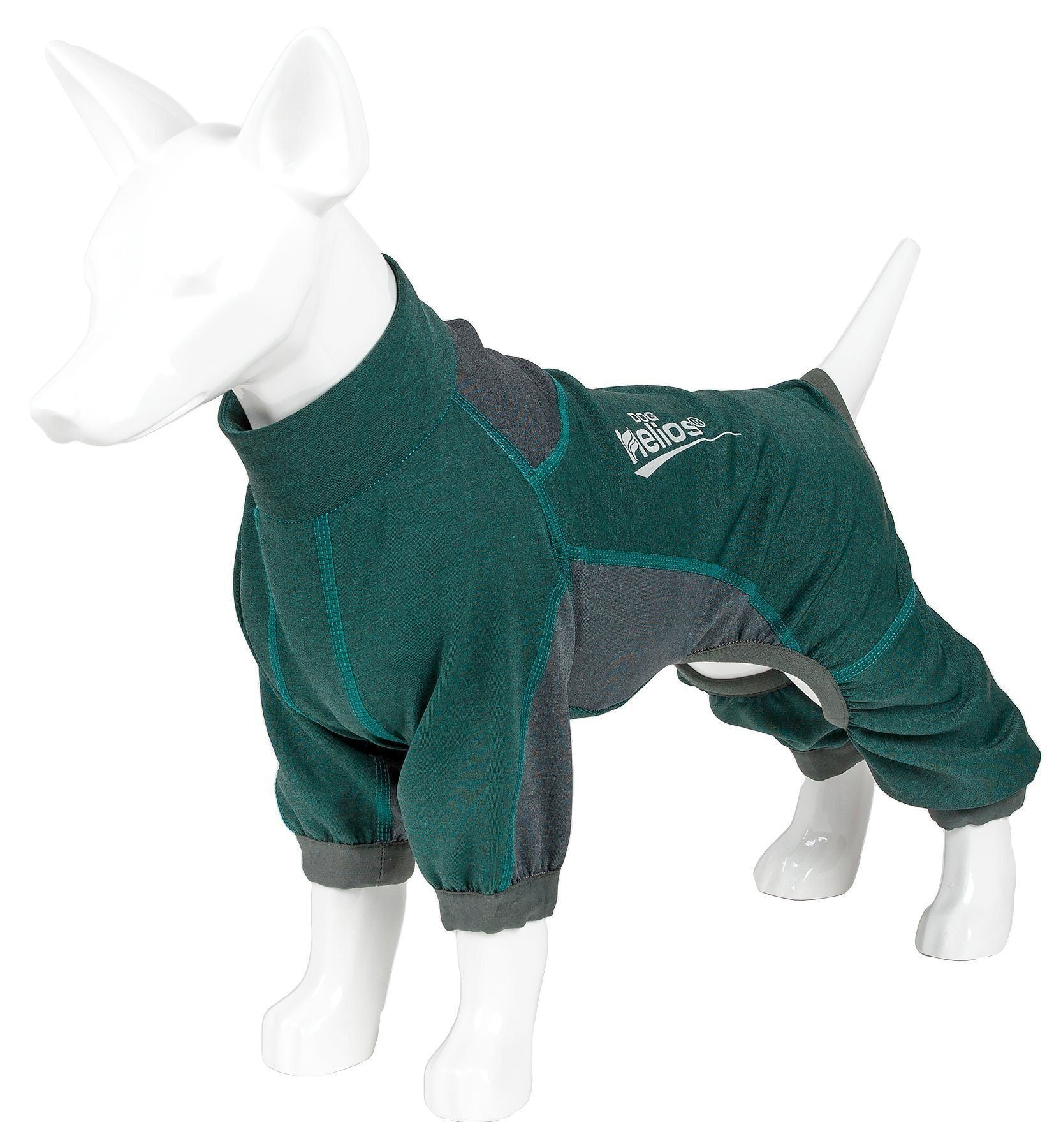 Teal and gray dog tracksuit jacket on mannequin, side/back view