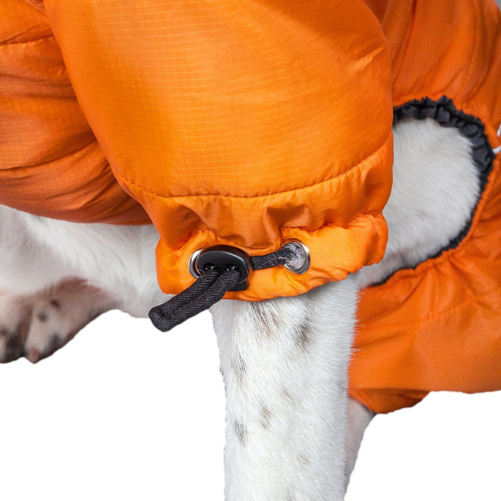 Orange dog winter jacket detail: adjustable closure and leash-style ring on leg