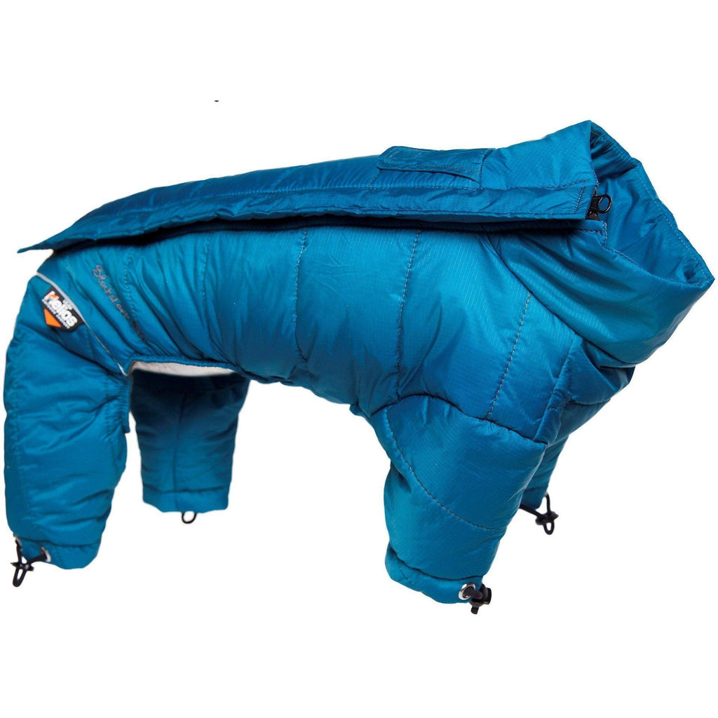 Blue dog winter puffer jacket, full-body coverage with snap/cord leg adjustments